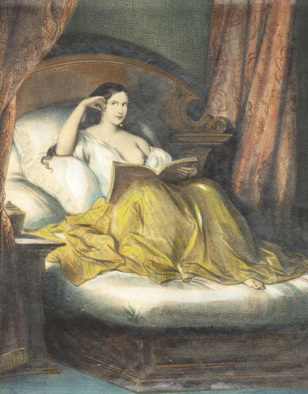 'Mesdames dans les Lits' -  A Pair of Intimate Prints, Original Period Frames with Black and Gold Glass Mounts