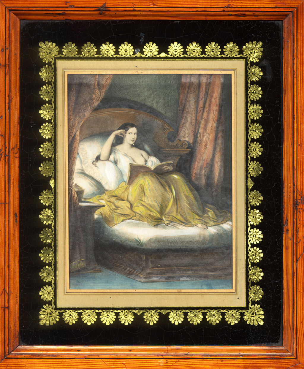 'Mesdames dans les Lits' -  A Pair of Intimate Prints, Original Period Frames with Black and Gold Glass Mounts