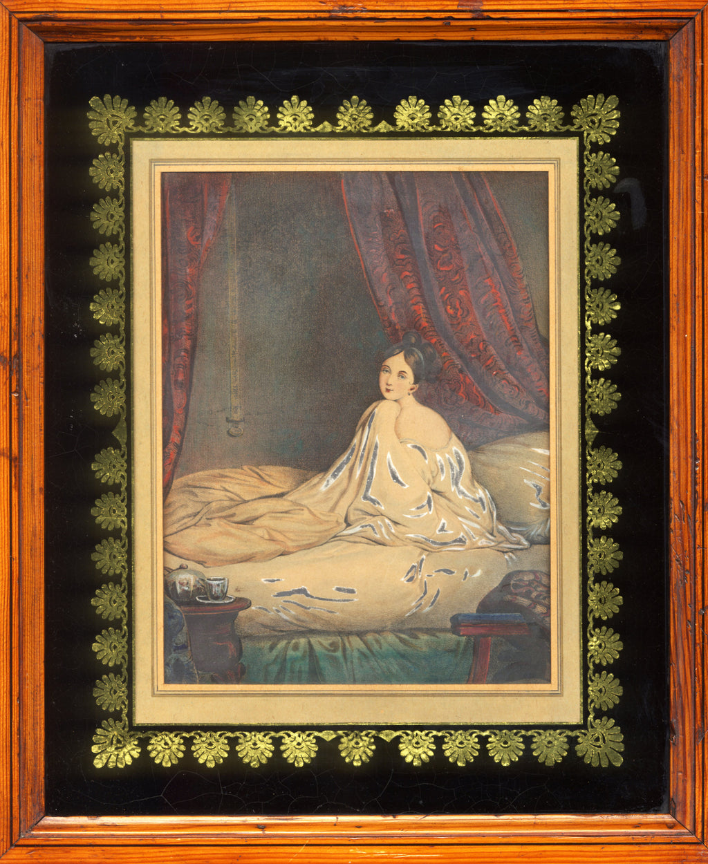 'Mesdames dans les Lits' -  A Pair of Intimate Prints, Original Period Frames with Black and Gold Glass Mounts
