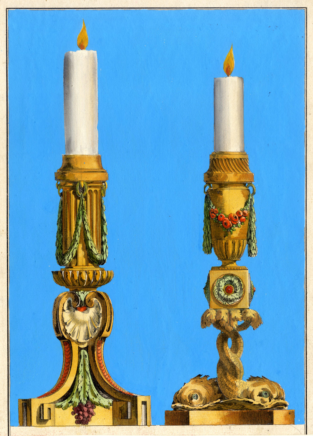 'Candlesticks' - Striking 18th-Century Hand-Coloured French Engraving, Framed