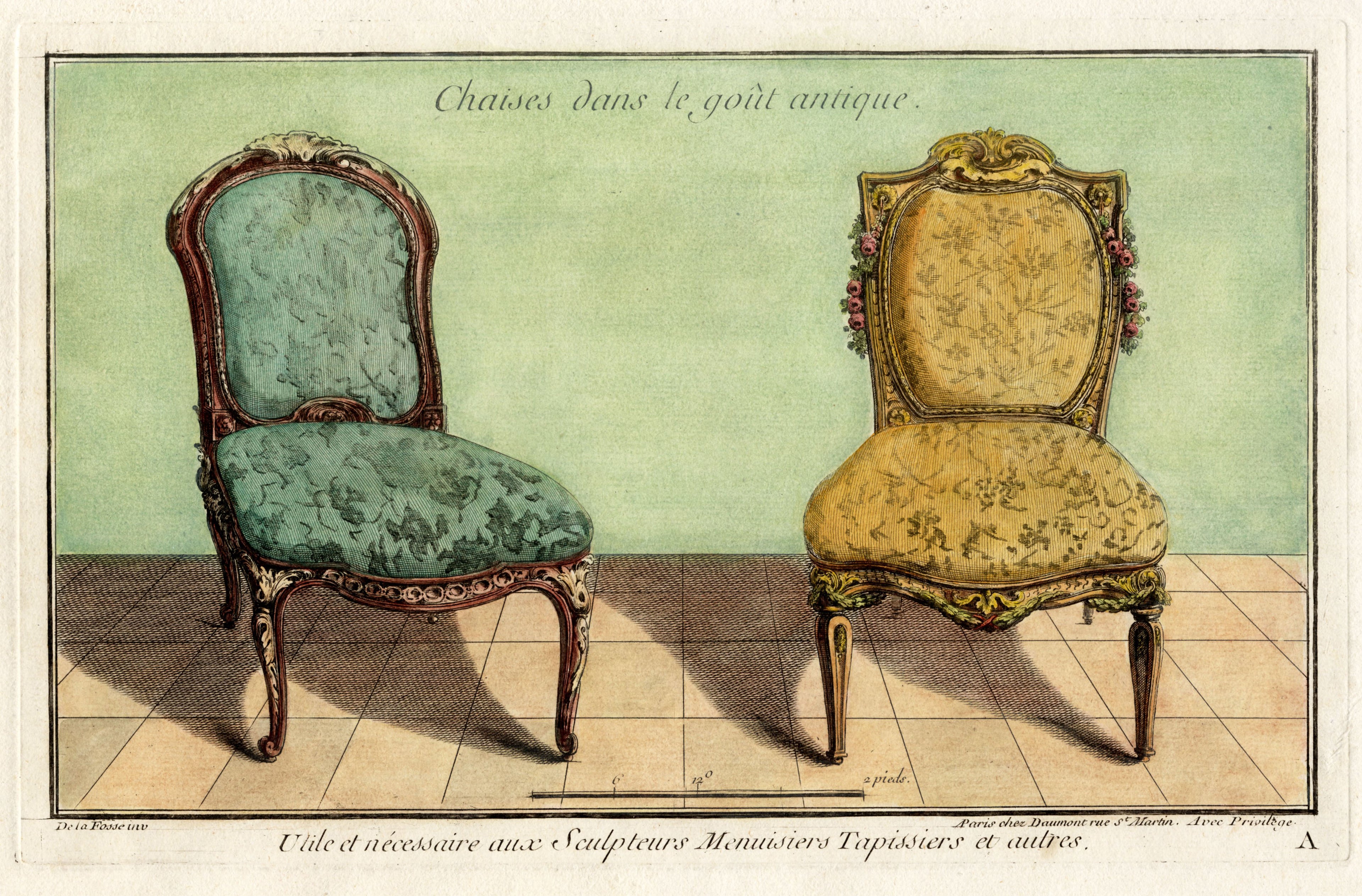'Chaises dans le goût antique' - 18th-Century Hand-Coloured French Engraving of Chairs, Framed