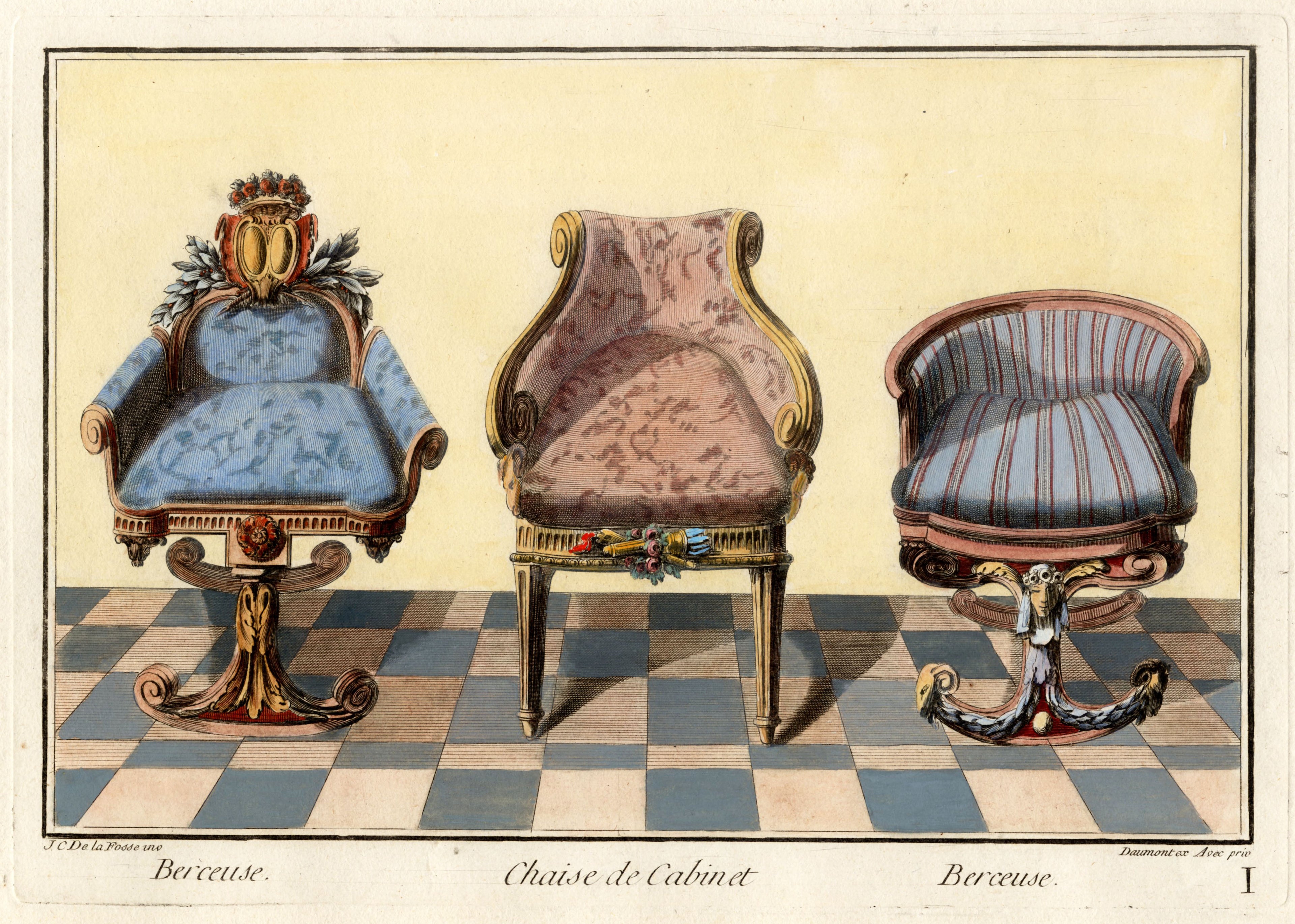 'Berceuses et Chaise de Cabinet' - 18th-Century Hand-Coloured French Engraving of Chairs, Framed