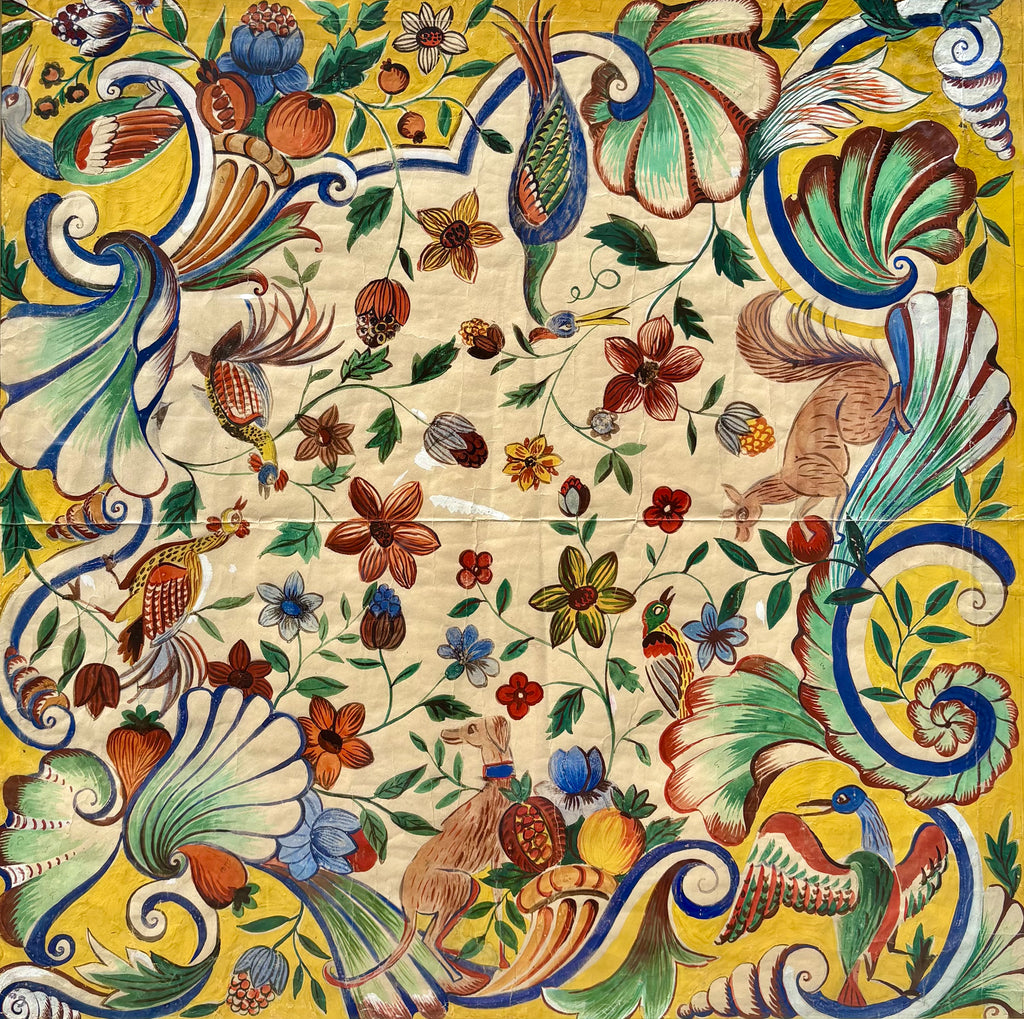 '[Flora & Fauna]' - 1920's Gouache Design for a French Silk Scarf, Framed