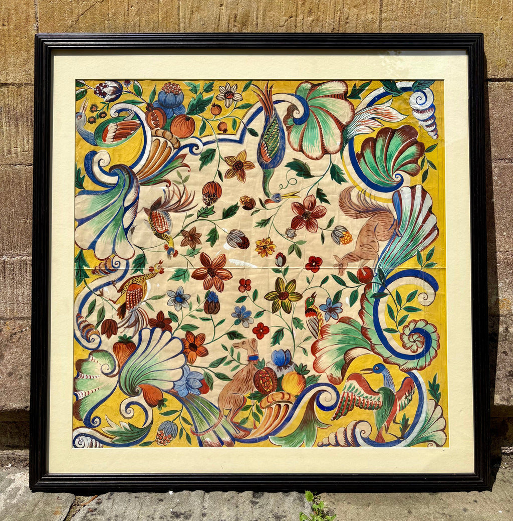 '[Flora & Fauna]' - 1920's Gouache Design for a French Silk Scarf, Framed