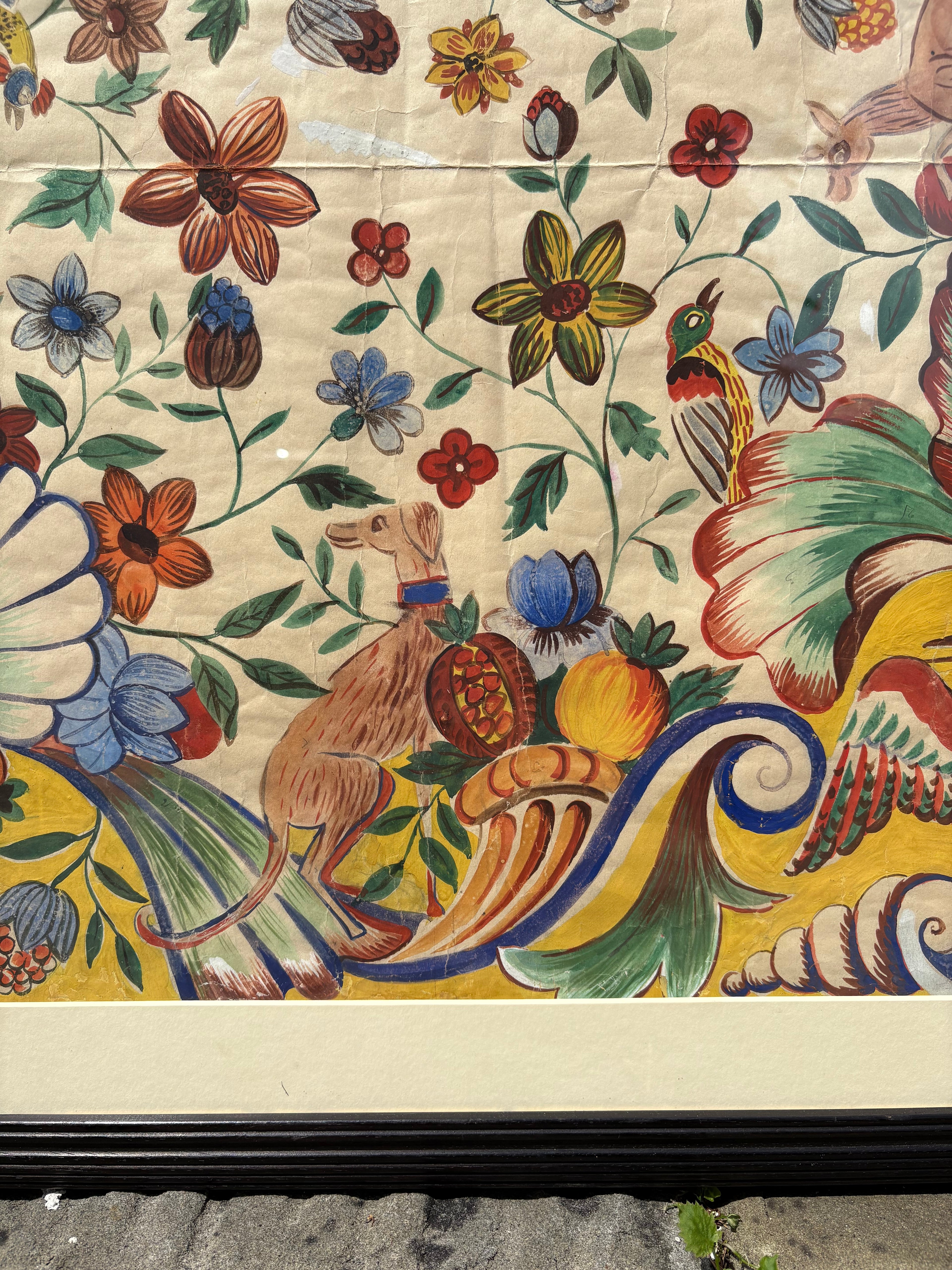 '[Flora & Fauna]' - 1920's Gouache Design for a French Silk Scarf, Framed