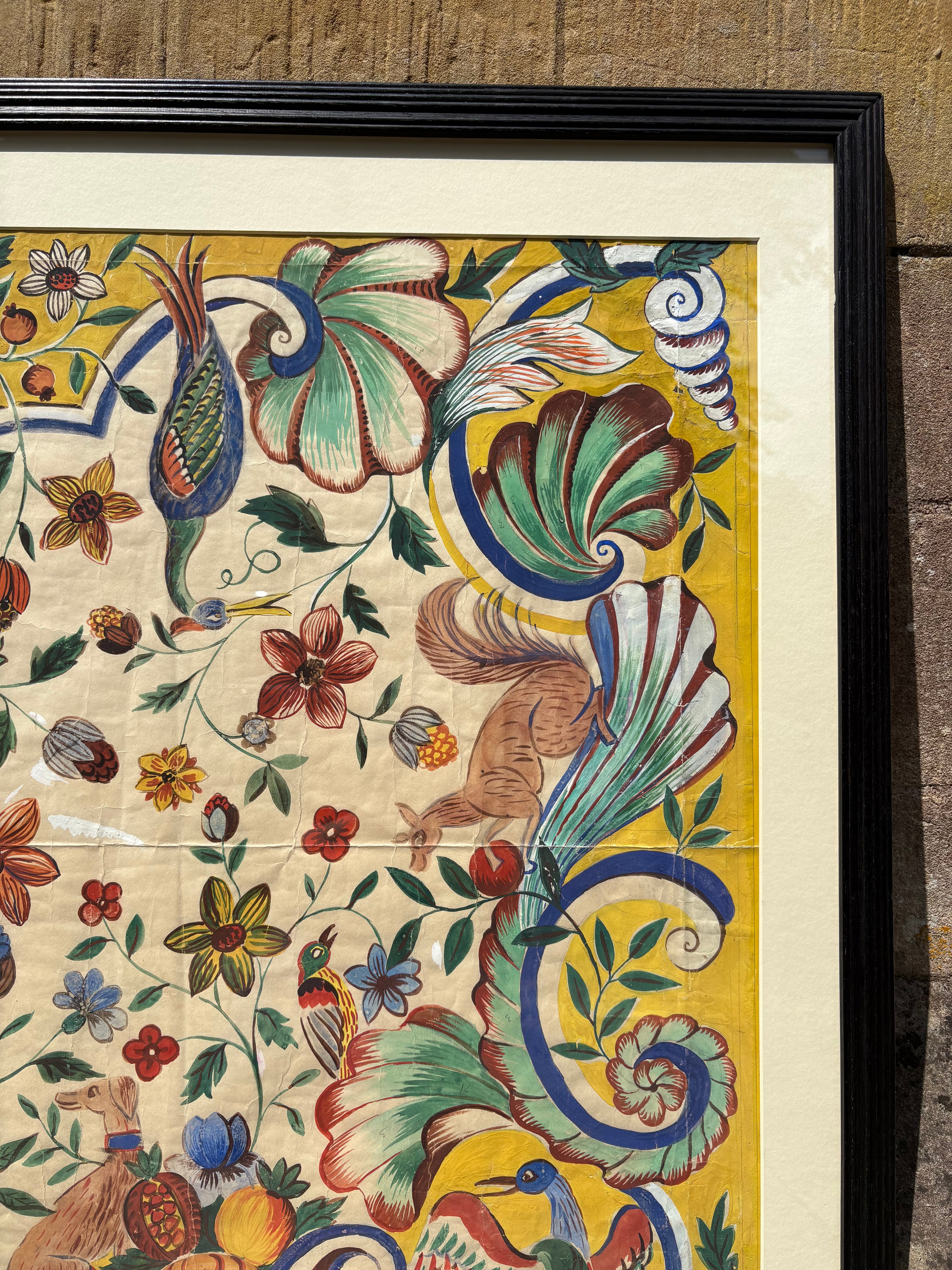 '[Flora & Fauna]' - 1920's Gouache Design for a French Silk Scarf, Framed