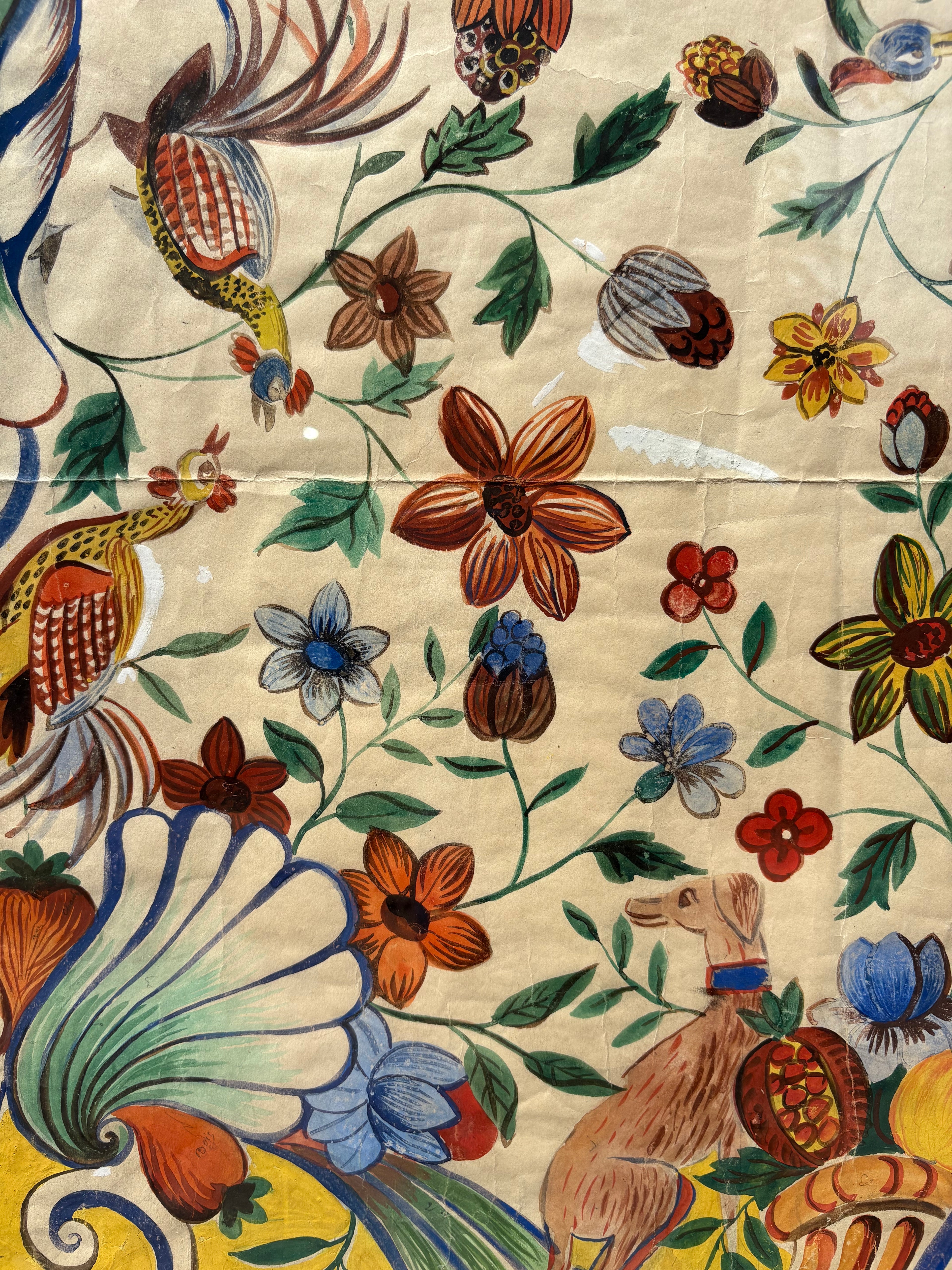 '[Flora & Fauna]' - 1920's Gouache Design for a French Silk Scarf, Framed