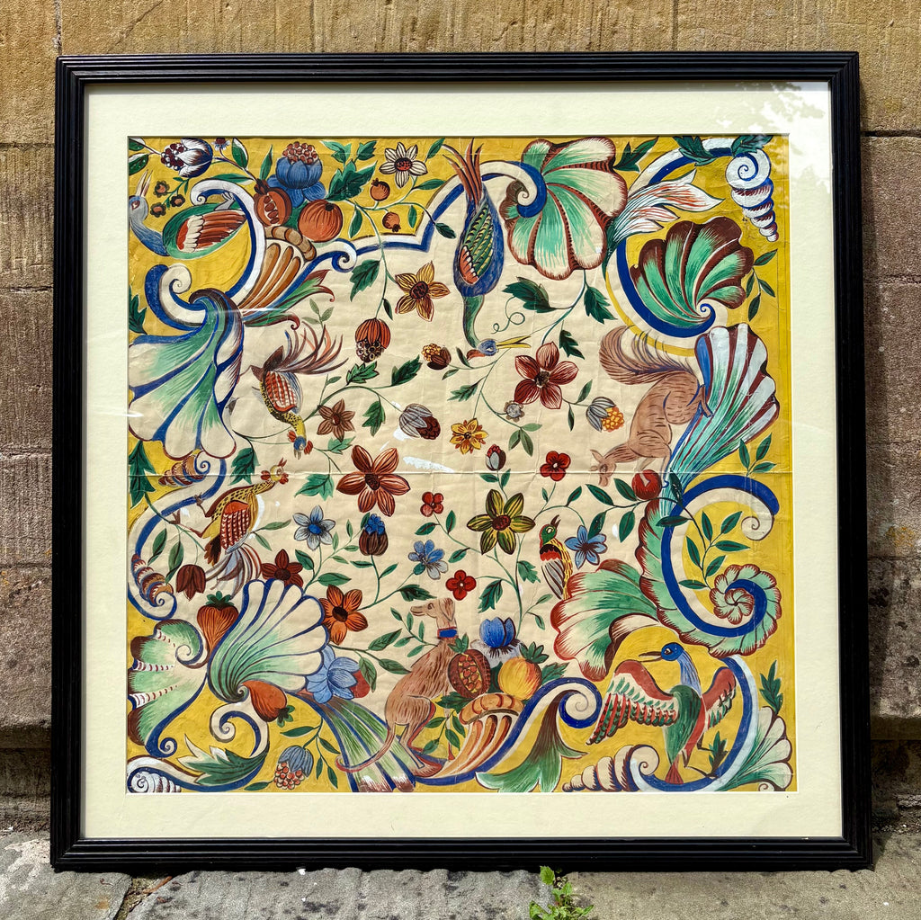 '[Flora & Fauna]' - 1920's Gouache Design for a French Silk Scarf, Framed