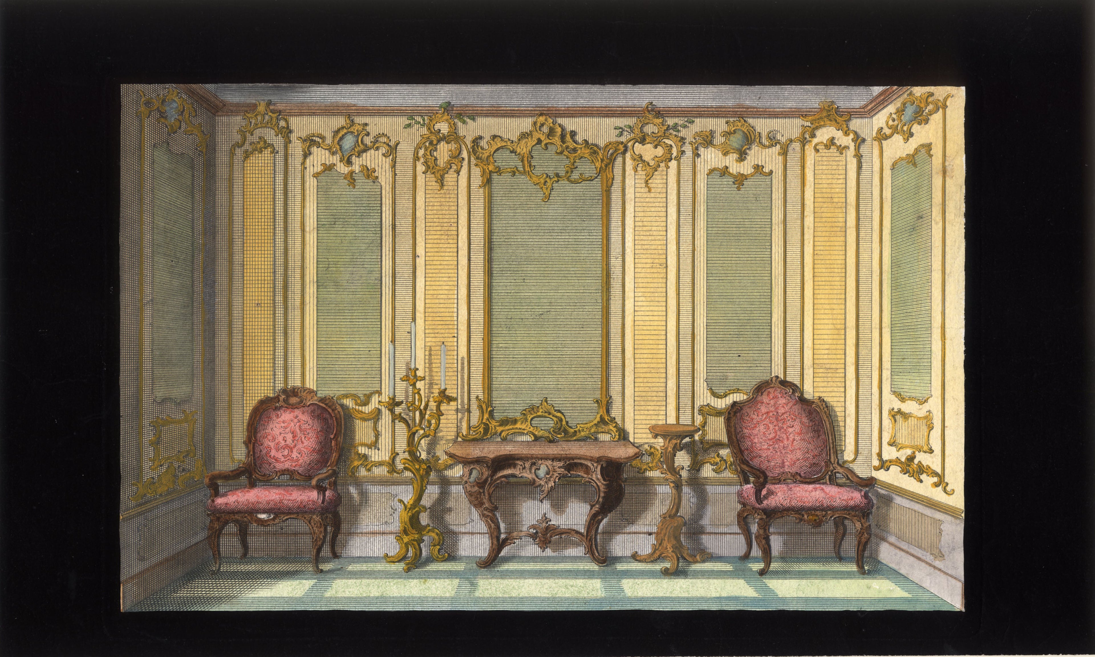 'Deux Fauteuils Roses' - 18th-Century Hand-Coloured French Engraving of an Interior, Framed