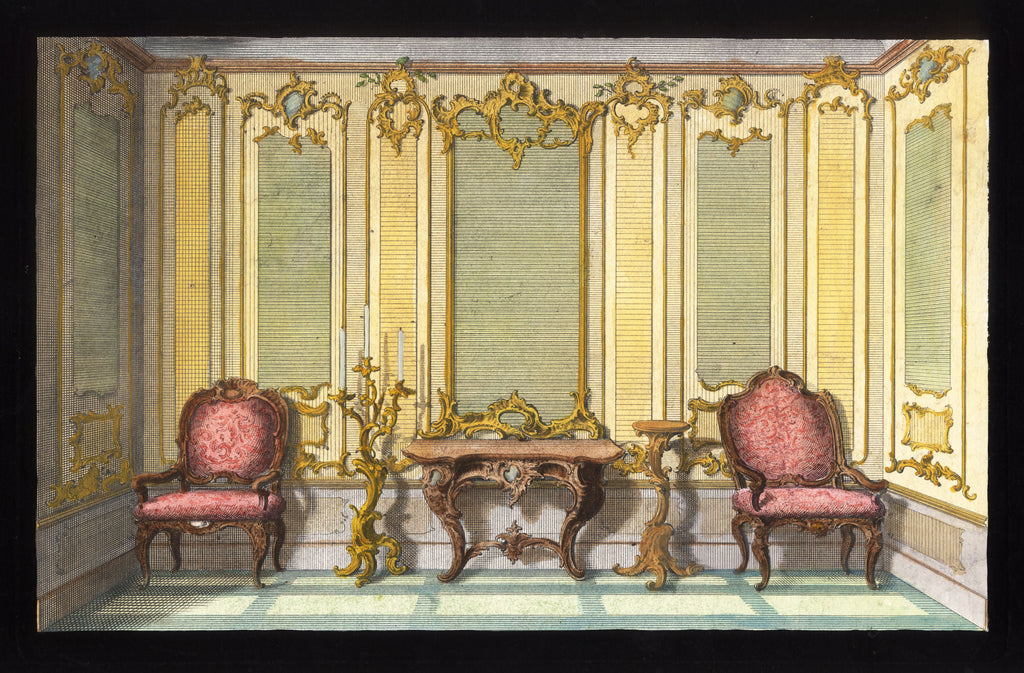 'Deux Fauteuils Roses' - 18th-Century Hand-Coloured French Engraving of an Interior, Framed