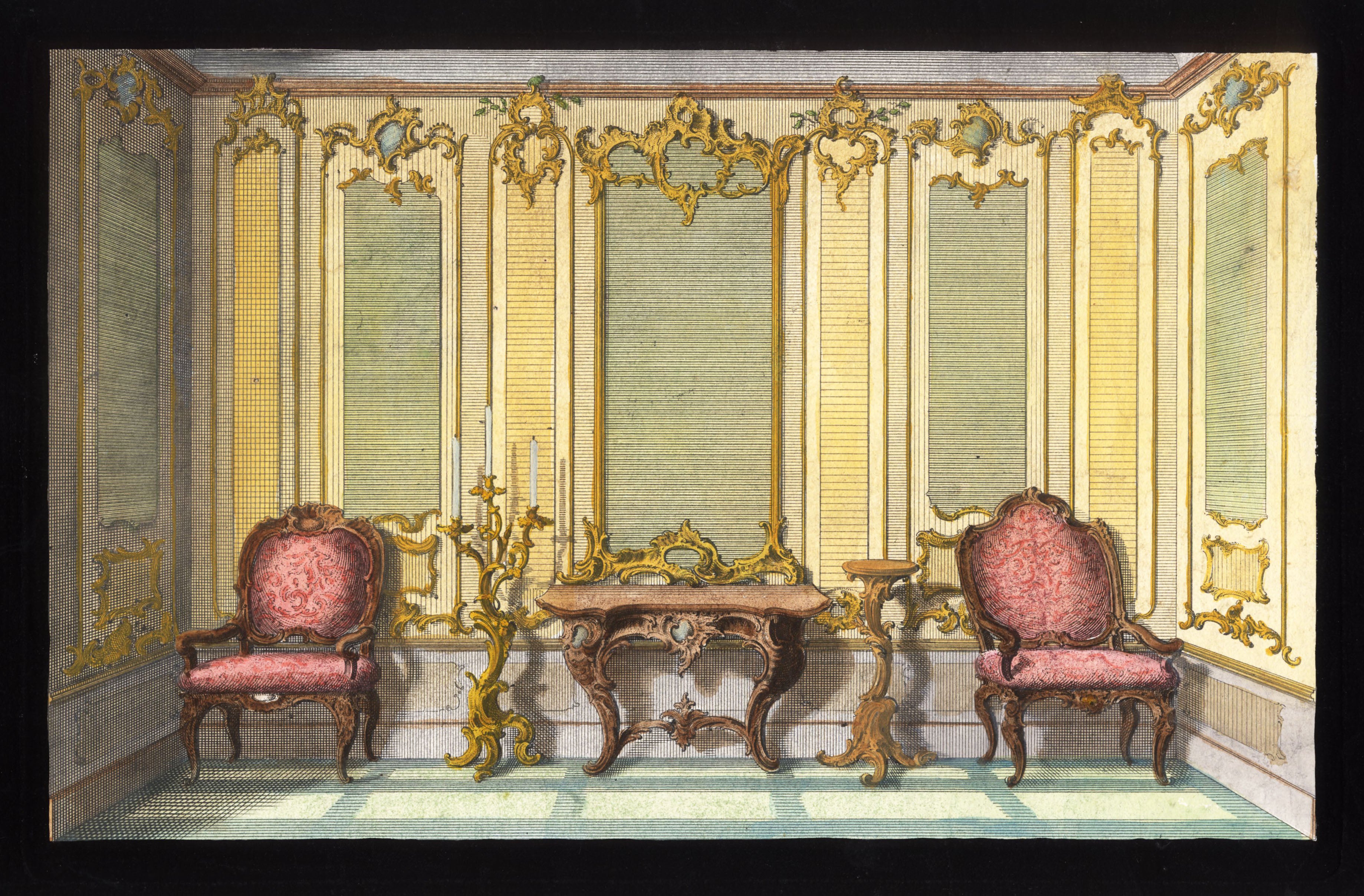 'Deux Fauteuils Roses' - 18th-Century Hand-Coloured French Engraving of an Interior, Framed