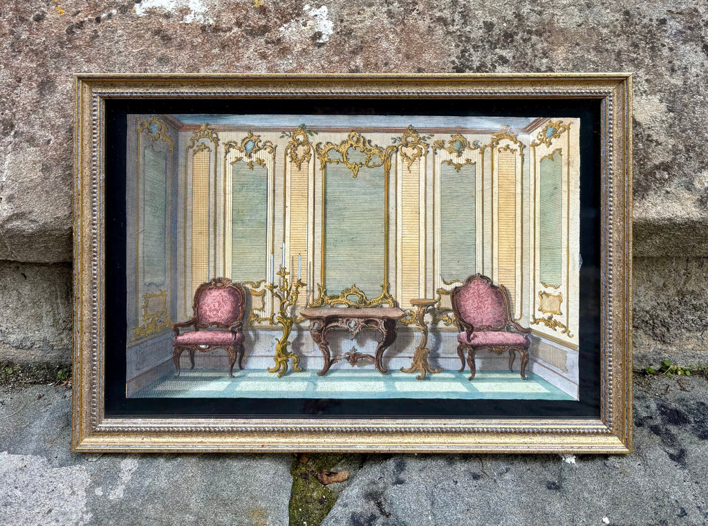 'Deux Fauteuils Roses' - 18th-Century Hand-Coloured French Engraving of an Interior, Framed