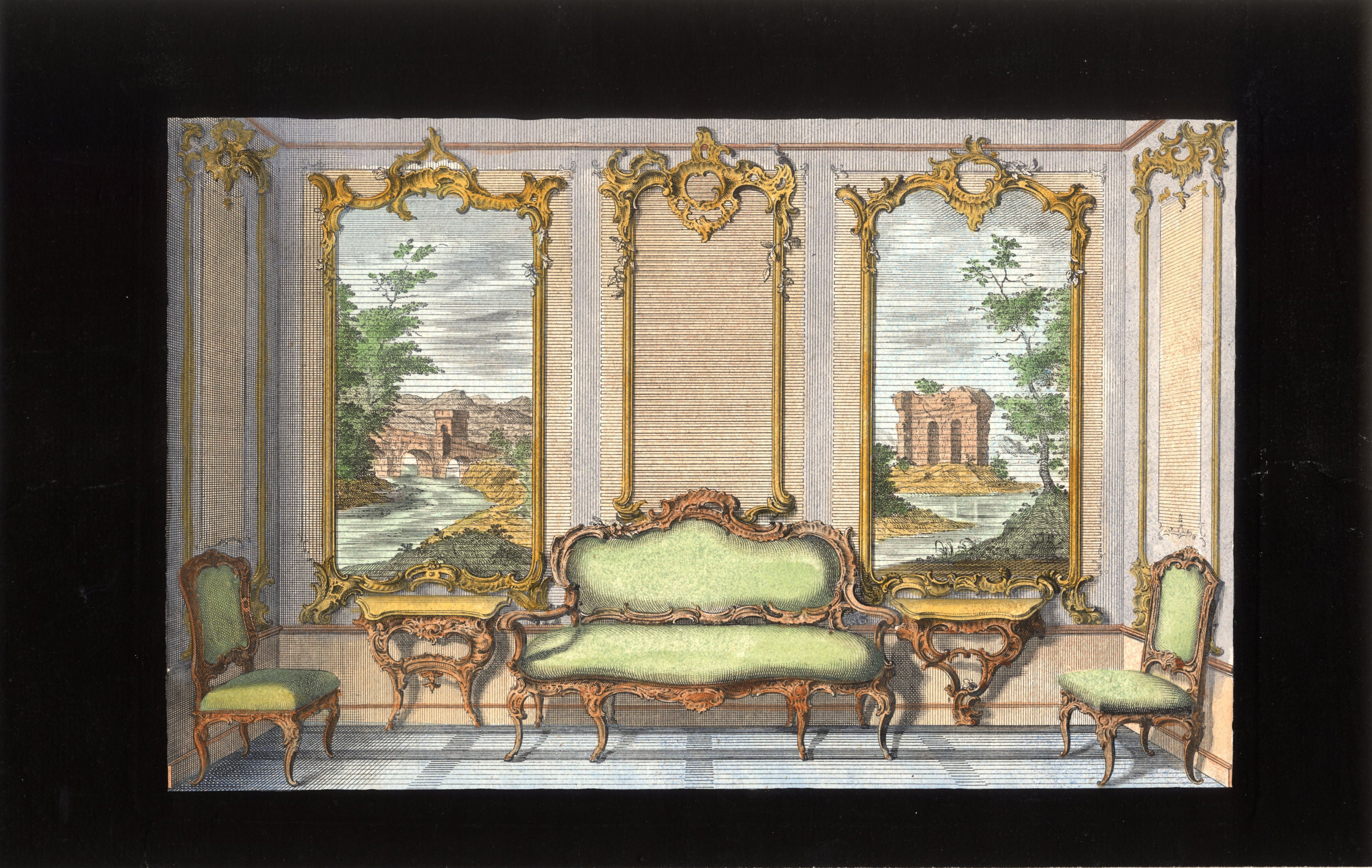 'Divan et Chaises Vertes' - 18th-Century Hand-Coloured French Engraving of an Interior, Framed