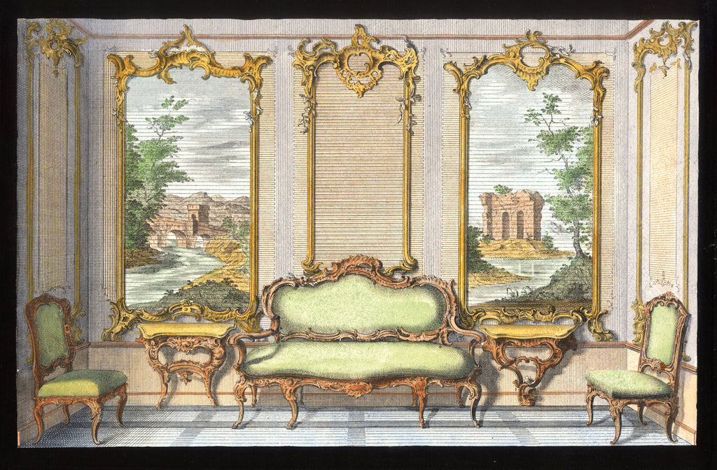 'Divan et Chaises Vertes' - 18th-Century Hand-Coloured French Engraving of an Interior, Framed