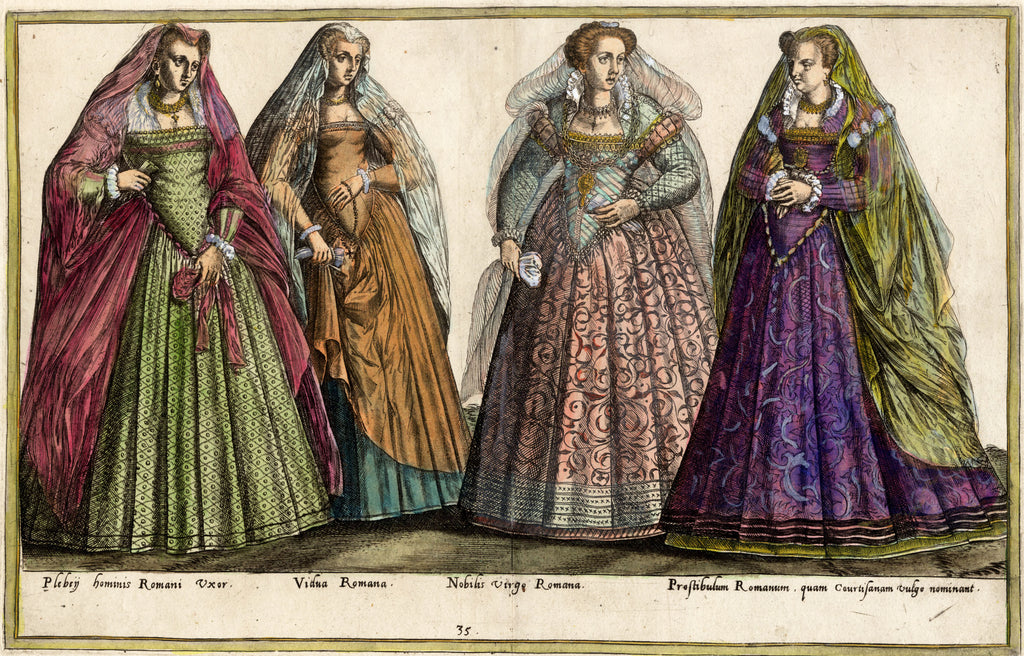 Four women in historical dresses with veils on a beige background