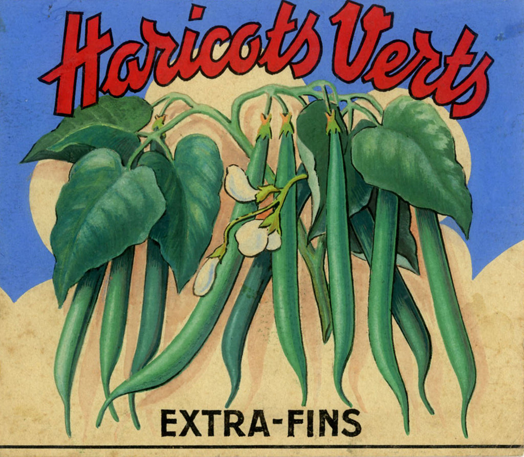 'Haricots Verts' - Original Gouache French Advertising Label for Green Beans, Framed