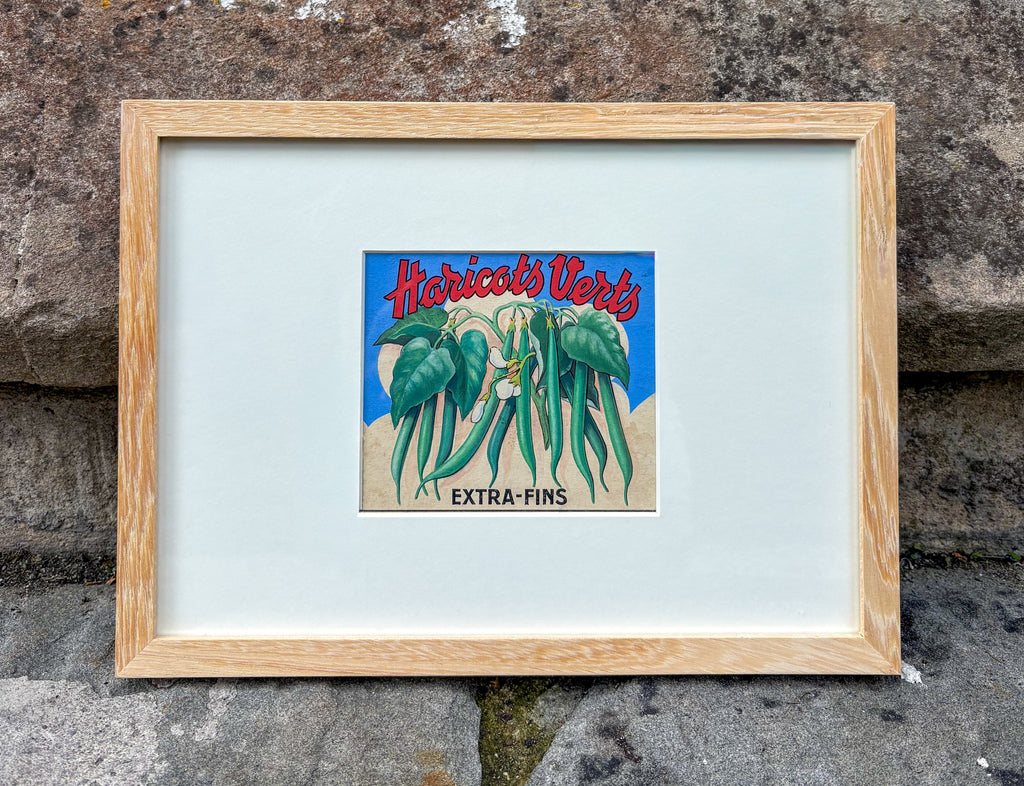 'Haricots Verts' - Original Gouache French Advertising Label for Green Beans, Framed