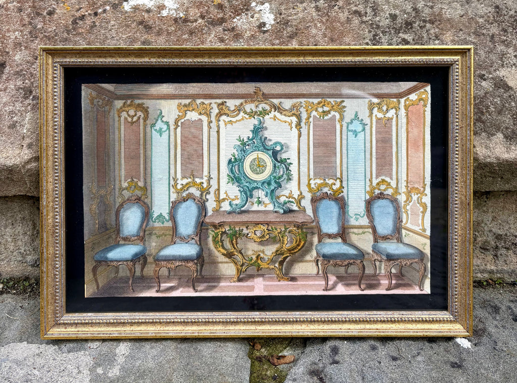 'Horloge et Quatre Chaises Bleues'  - 18th-Century Hand-Coloured French Engraving of an Interior, Framed