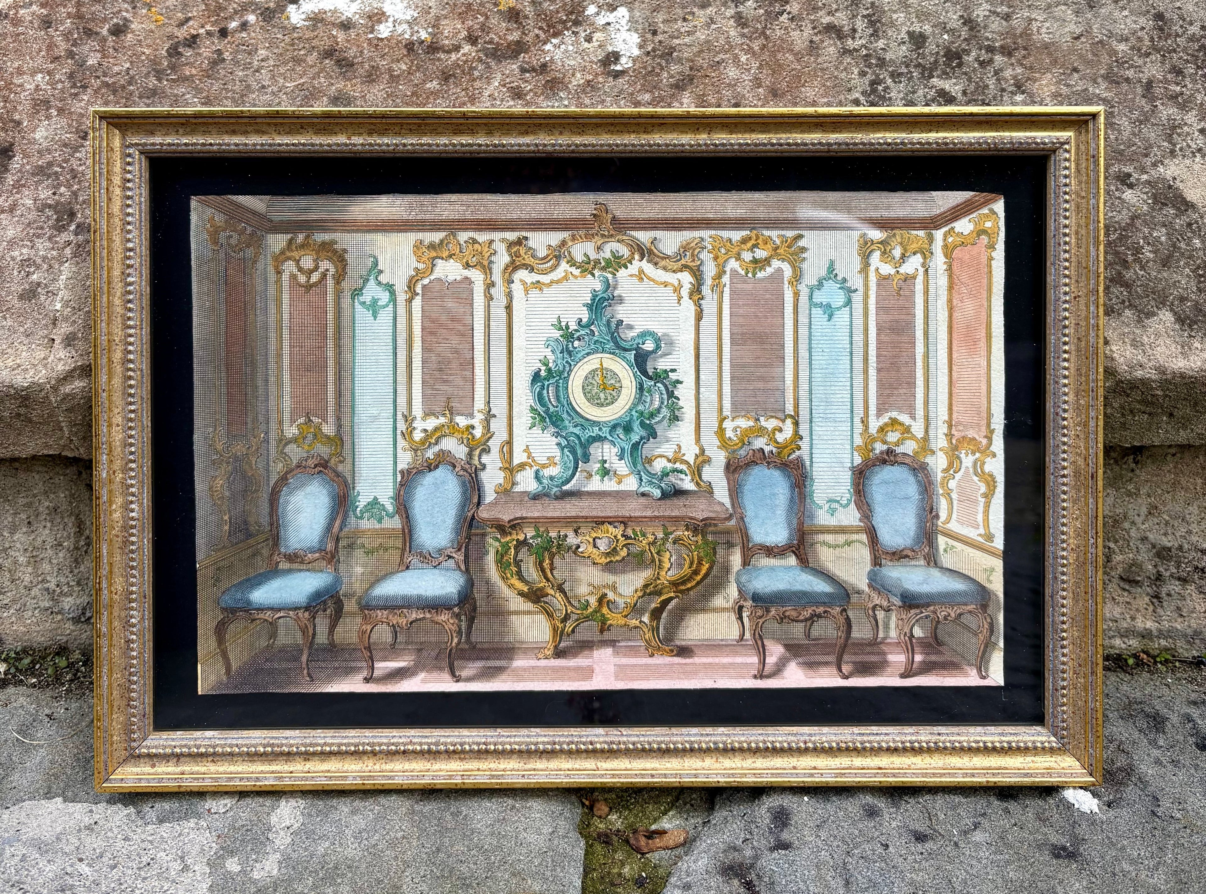 'Horloge et Quatre Chaises Bleues'  - 18th-Century Hand-Coloured French Engraving of an Interior, Framed