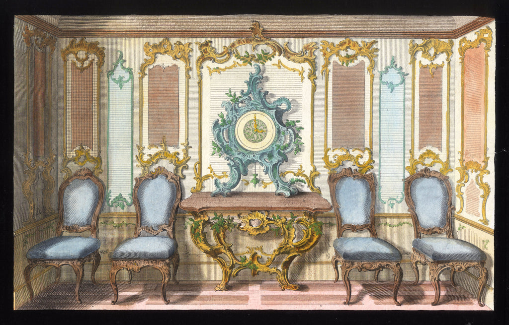 'Horloge et Quatre Chaises Bleues'  - 18th-Century Hand-Coloured French Engraving of an Interior, Framed