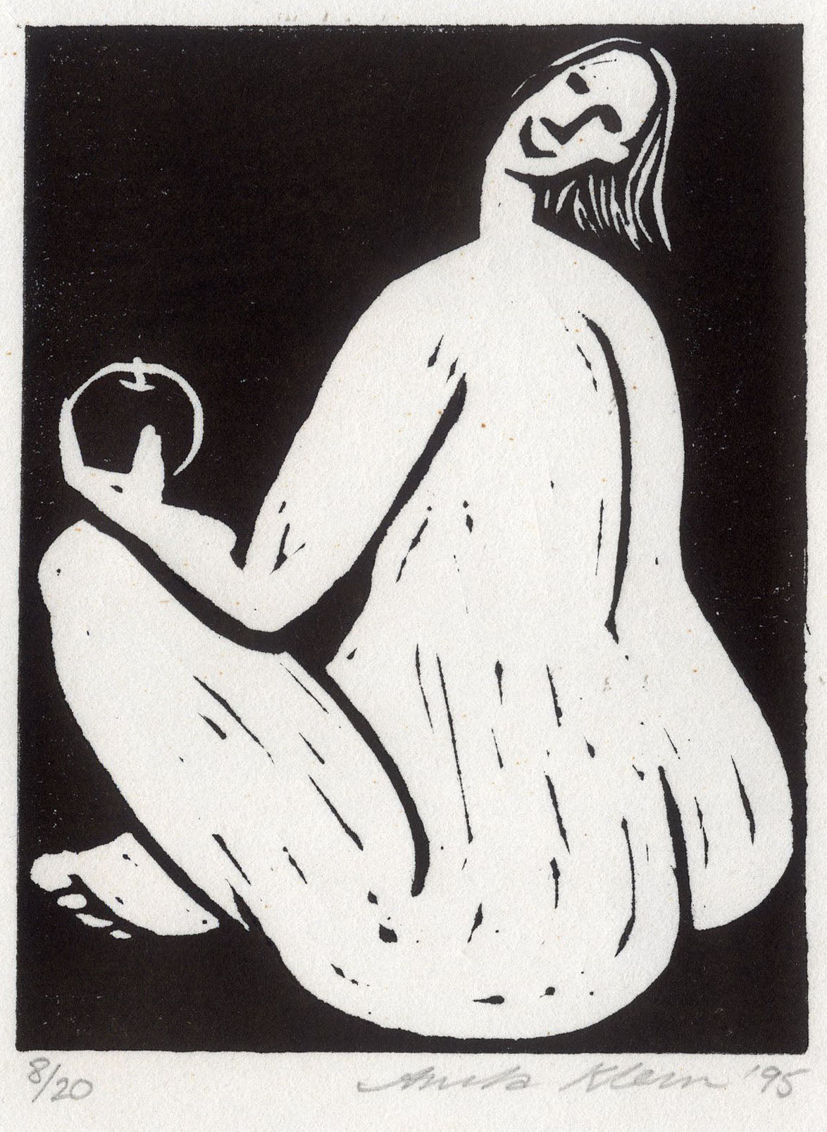 'Eve - Woman with Apple' - 20th-Century Linocut, Unframed