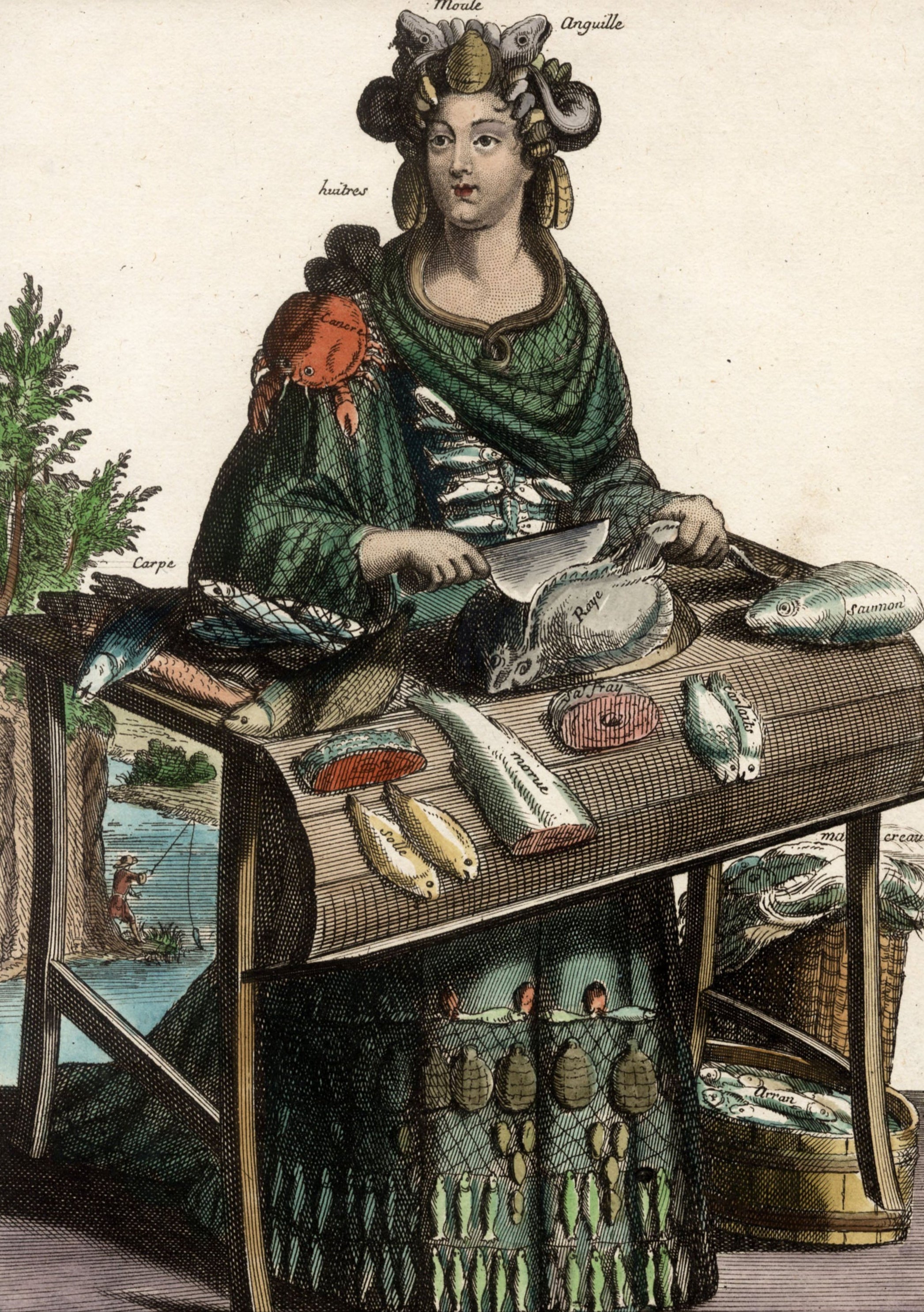 Engraving of a woman in a fishmonger's outfit with various fish and tools on a table.