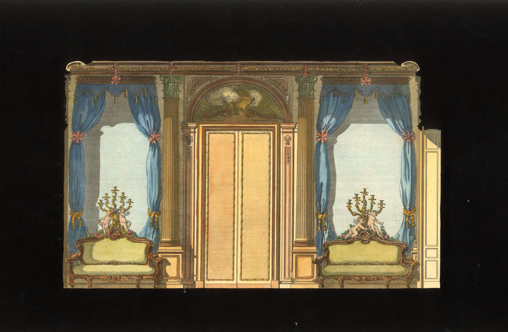 'Les Rideaux Bleus' - 18th-Century Hand-Coloured French Engraving of an Interior, Framed