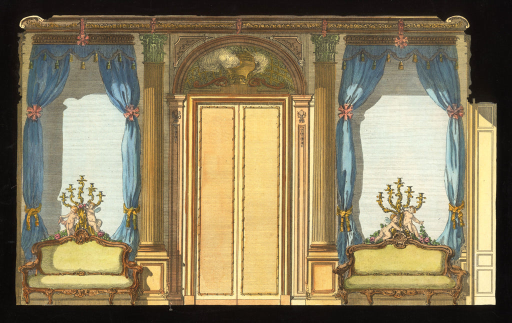 'Les Rideaux Bleus' - 18th-Century Hand-Coloured French Engraving of an Interior, Framed