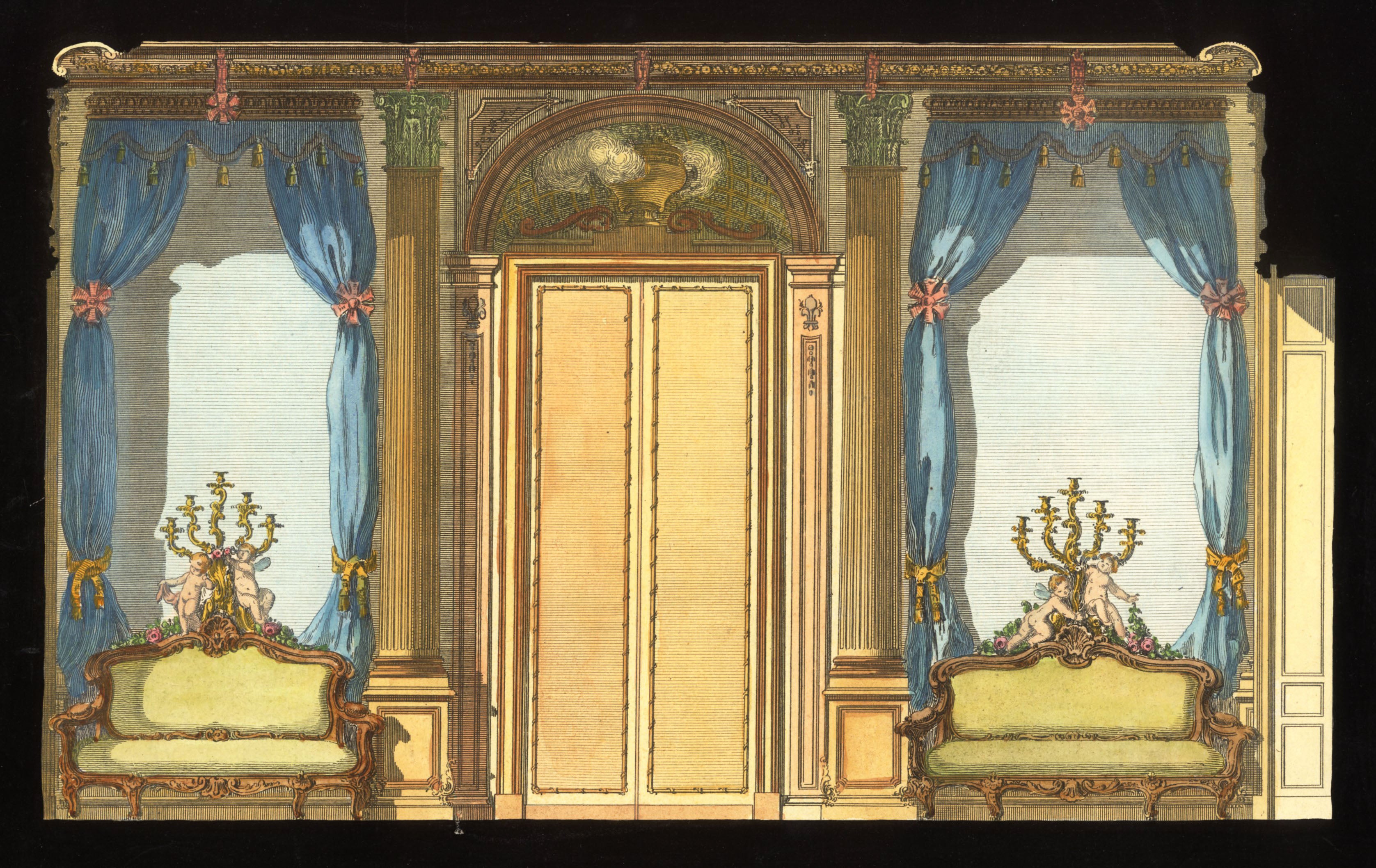 'Les Rideaux Bleus' - 18th-Century Hand-Coloured French Engraving of an Interior, Framed
