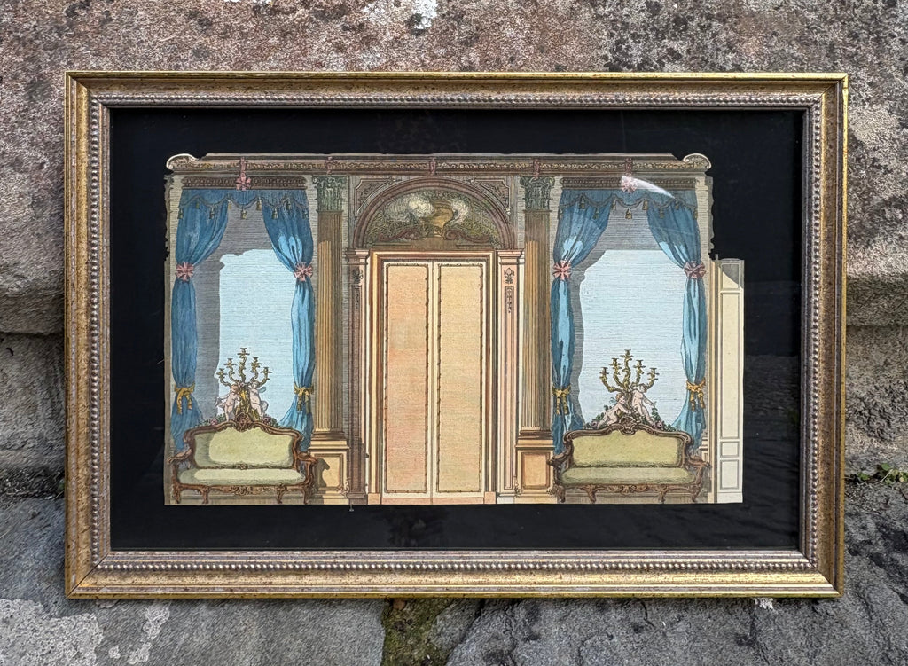 'Les Rideaux Bleus' - 18th-Century Hand-Coloured French Engraving of an Interior, Framed