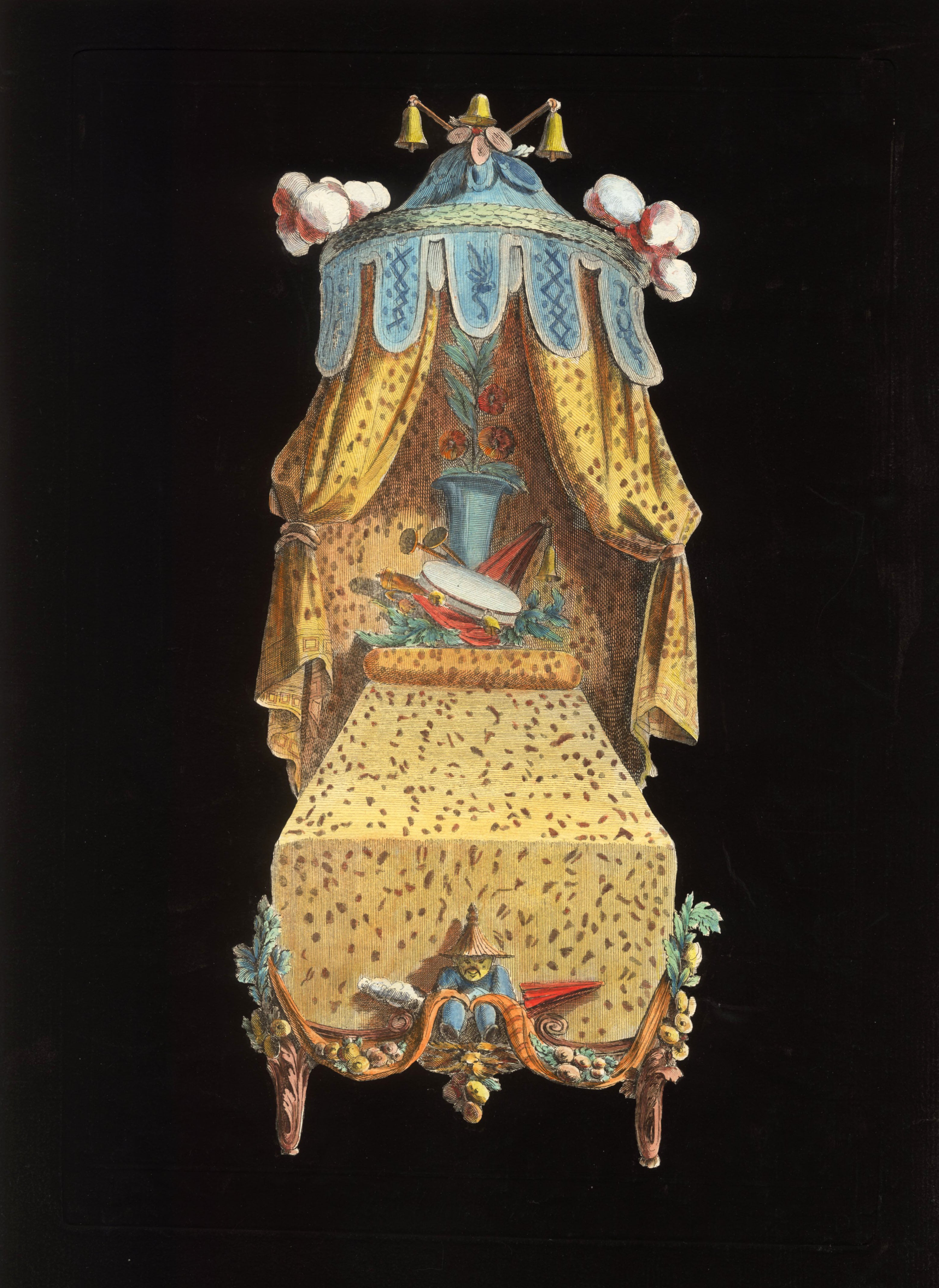 'Le Lit Chinois' - 18th-Century Hand-Coloured French Engraving of a Bed, Framed