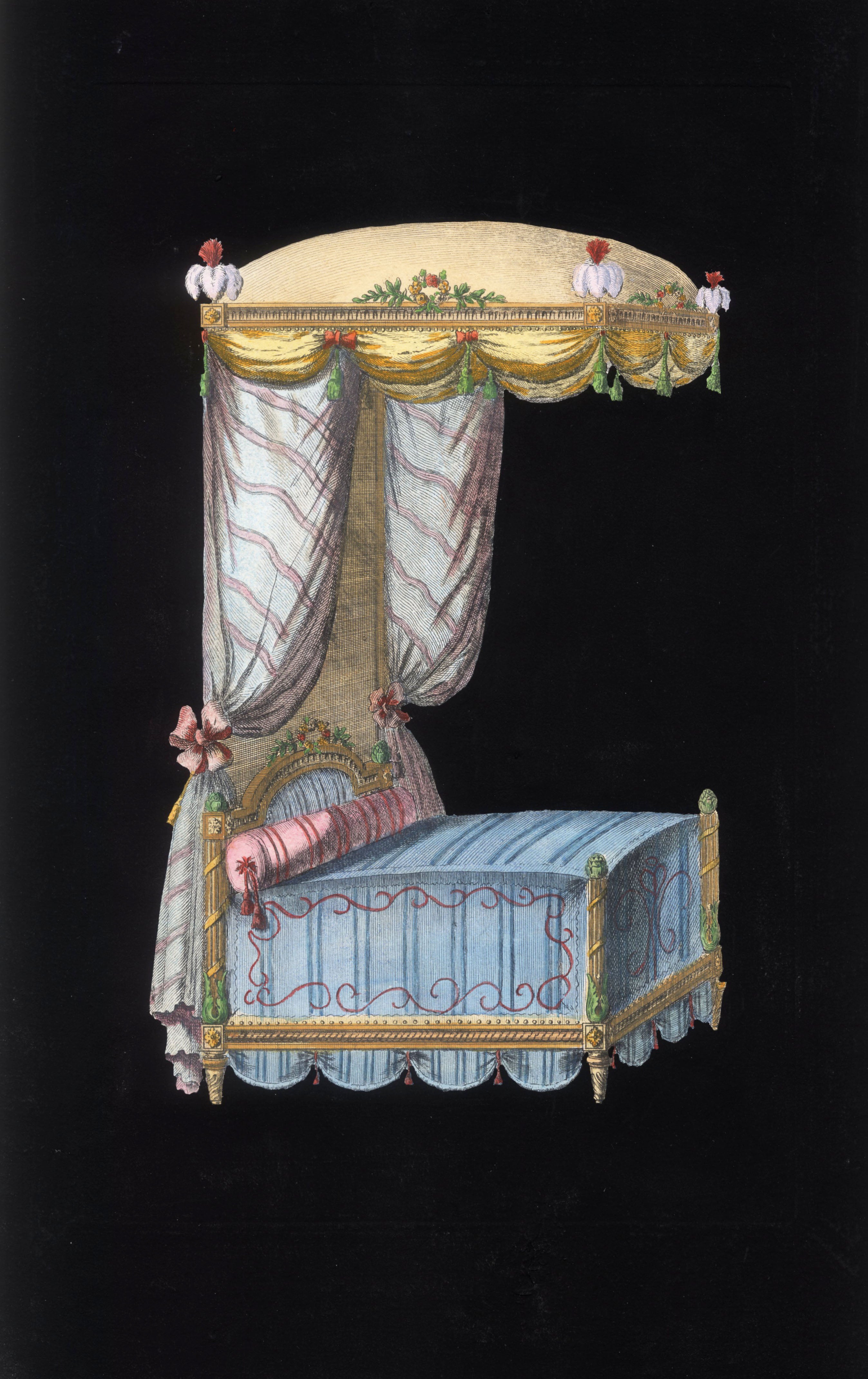 'Le Lit au Canopé' - 18th-Century Hand-Coloured French Engraving of a Bed, Framed