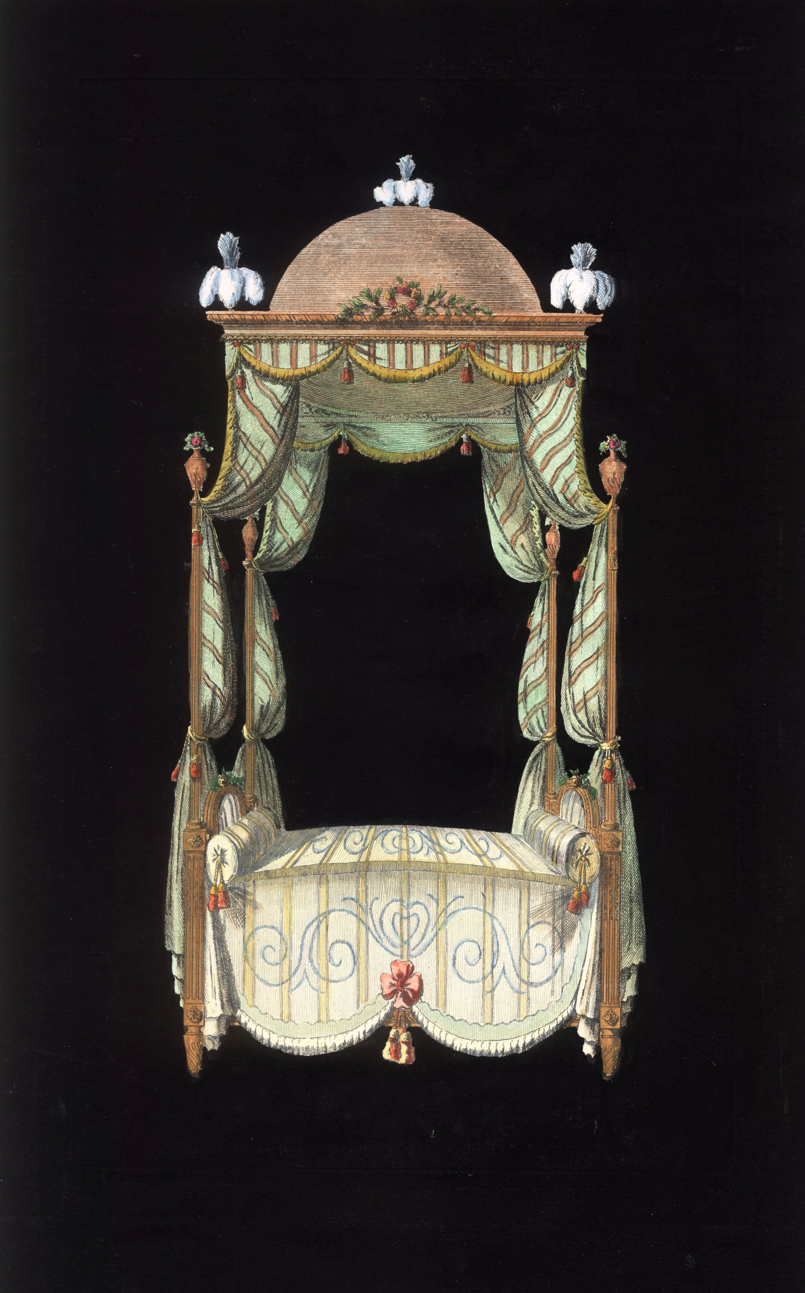 'Le Lit avec Coupole' - 18th-Century Hand-Coloured French Engraving of a Bed, Framed