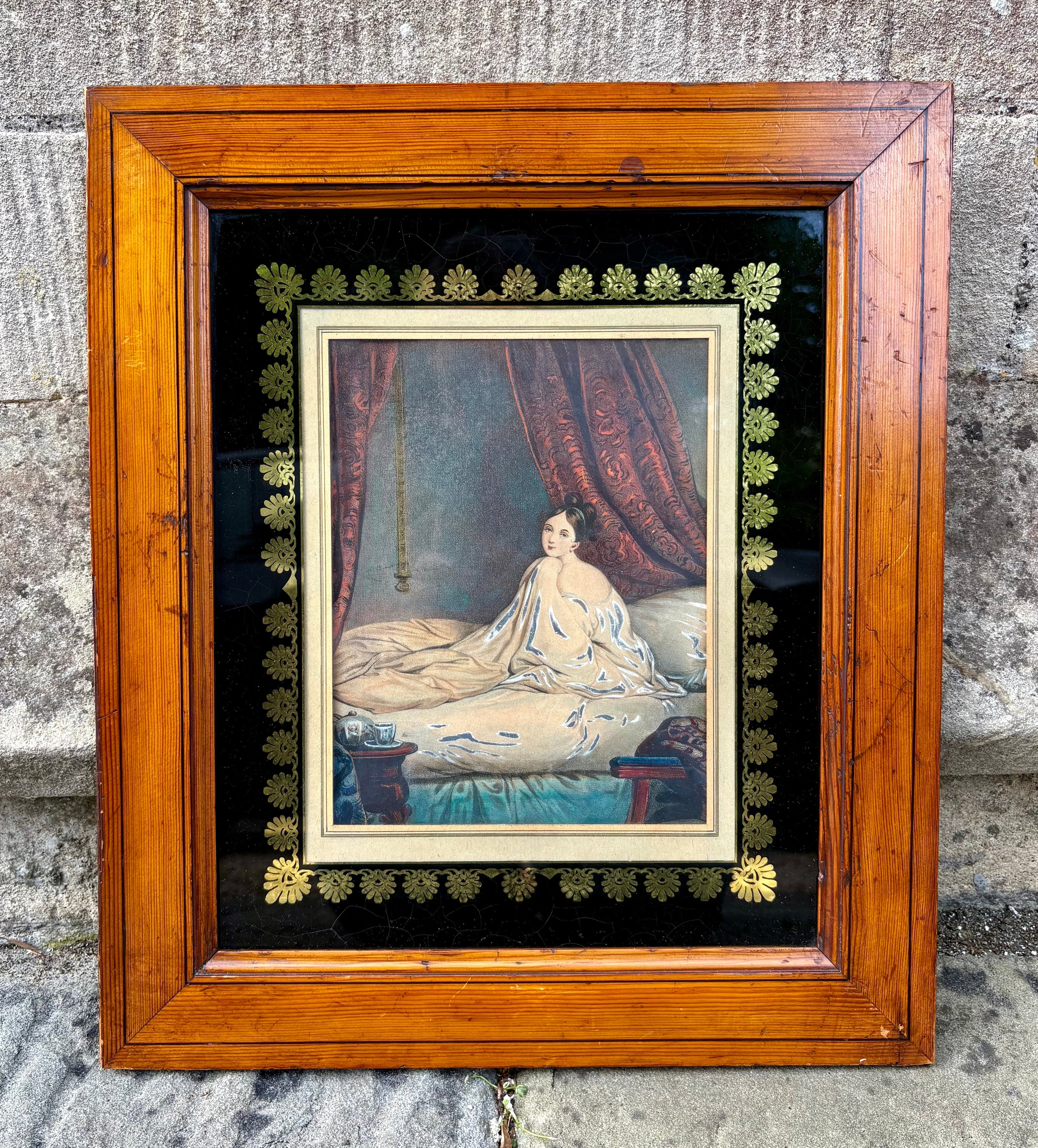 'Mesdames dans les Lits' -  A Pair of Intimate Prints, Original Period Frames with Black and Gold Glass Mounts