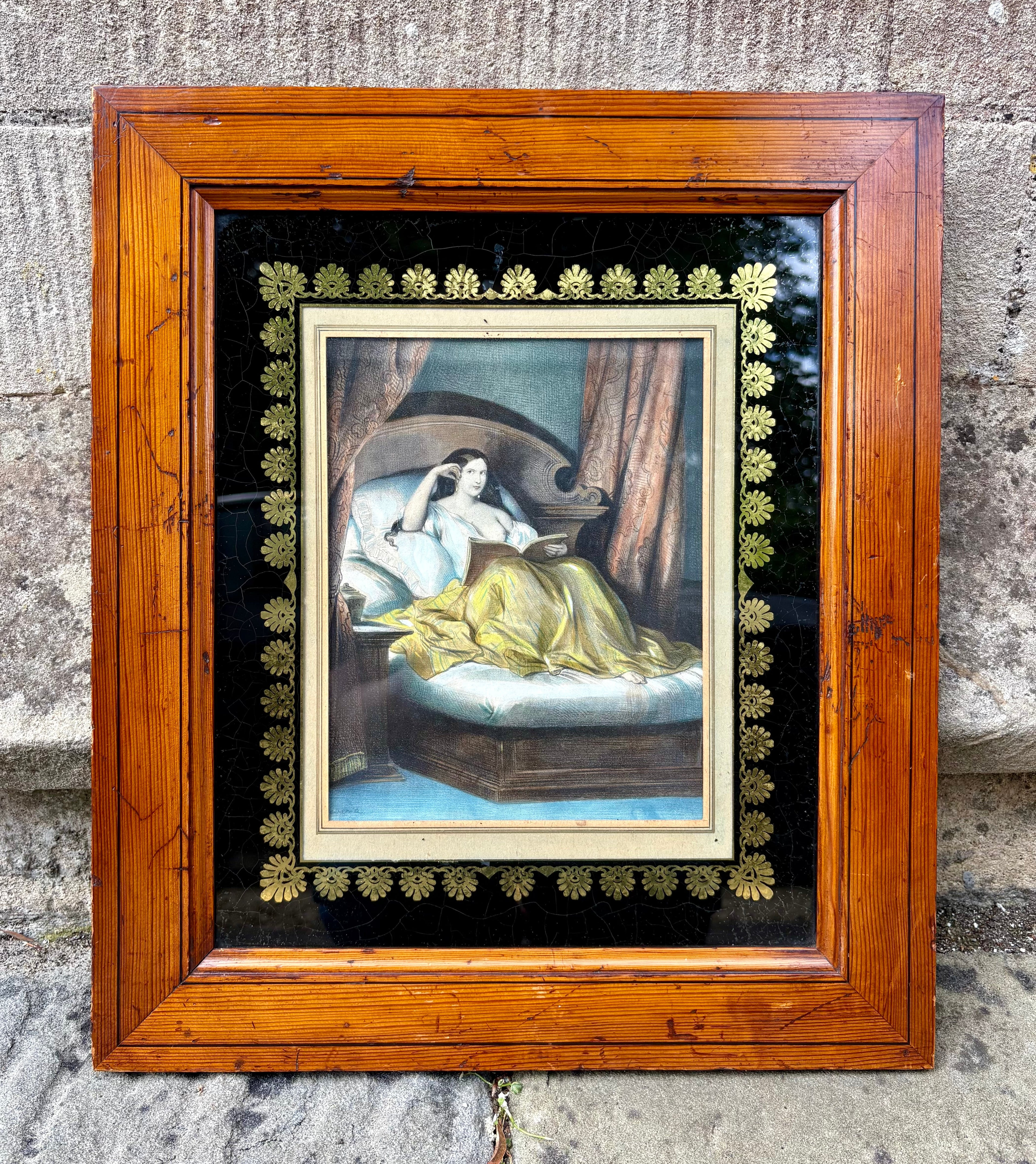 'Mesdames dans les Lits' -  A Pair of Intimate Prints, Original Period Frames with Black and Gold Glass Mounts