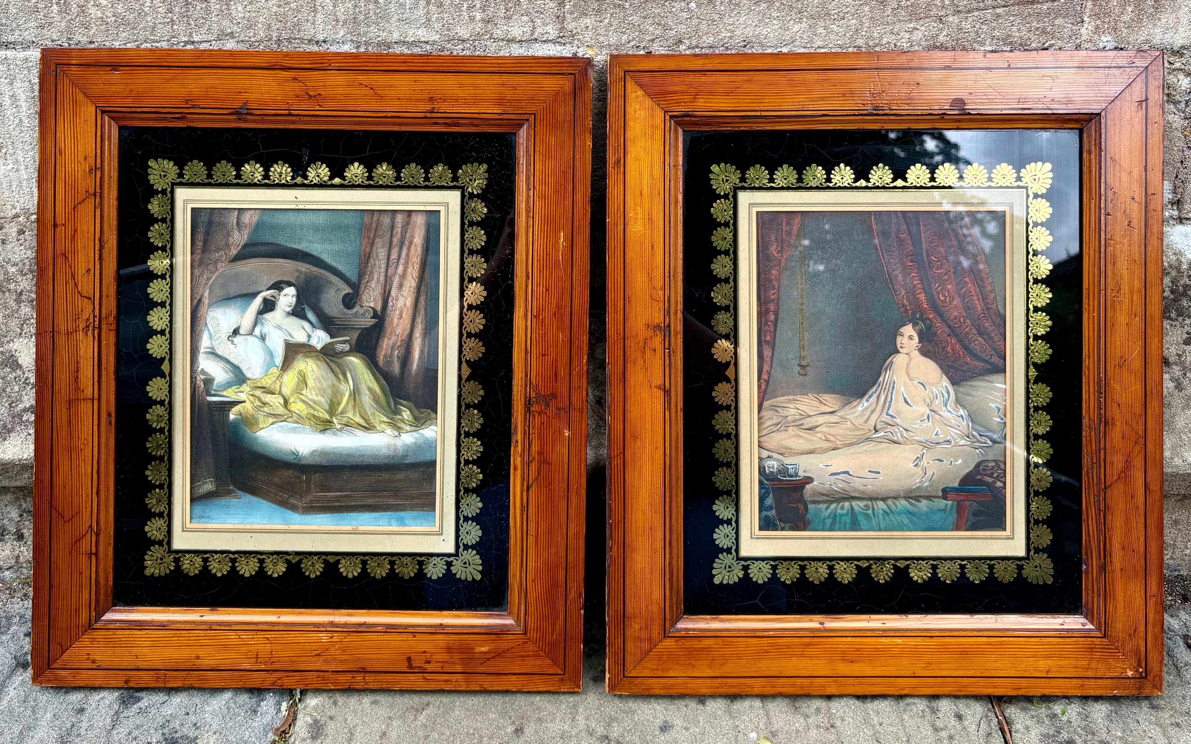 'Mesdames dans les Lits' -  A Pair of Intimate Prints, Original Period Frames with Black and Gold Glass Mounts