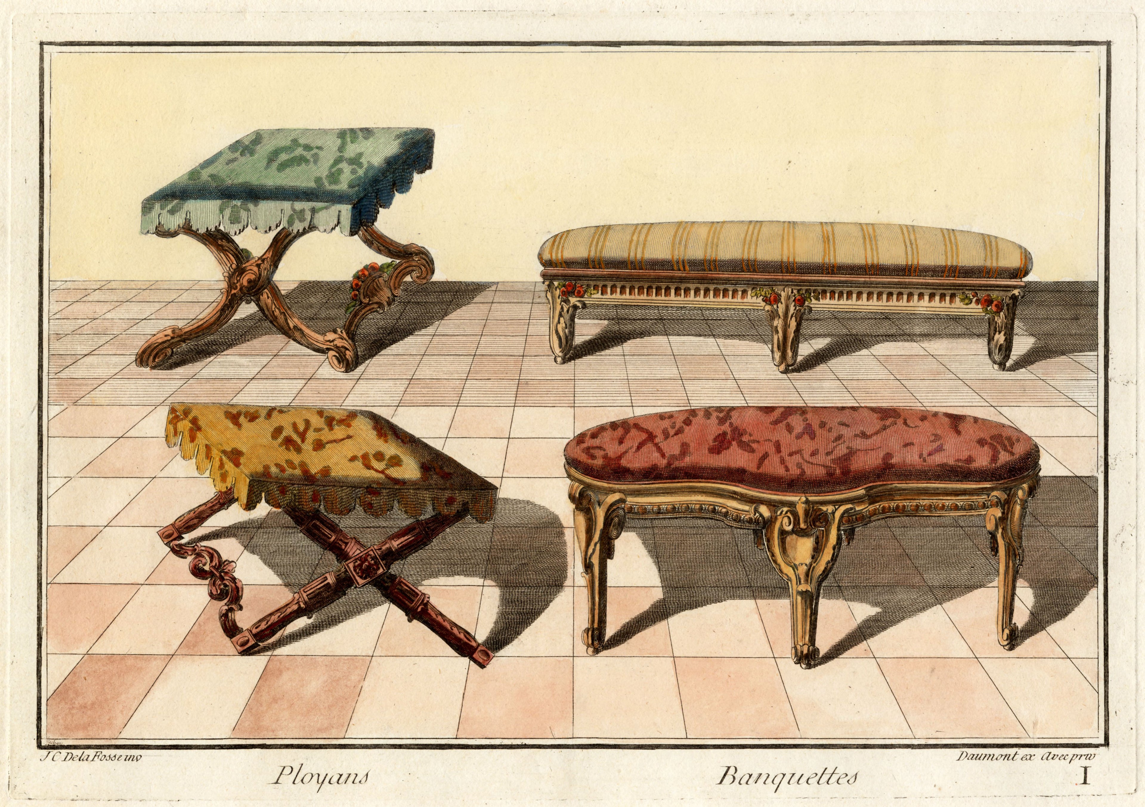 'Ployans Banquettes Pl. I.' - 18th-Century Hand-Coloured French Engraving of Benches, Framed