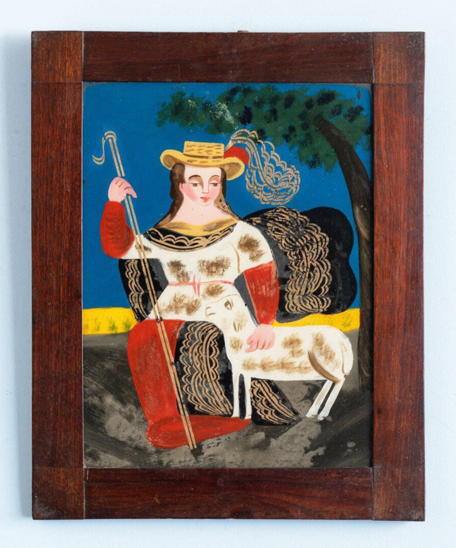 'Shepherdess' - 19th-Century Reverse Painting on Glass, Original Frame