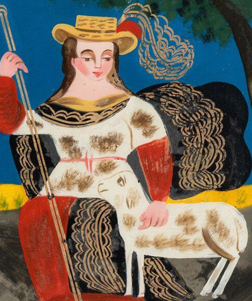 'Shepherdess' - 19th-Century Reverse Painting on Glass, Original Frame