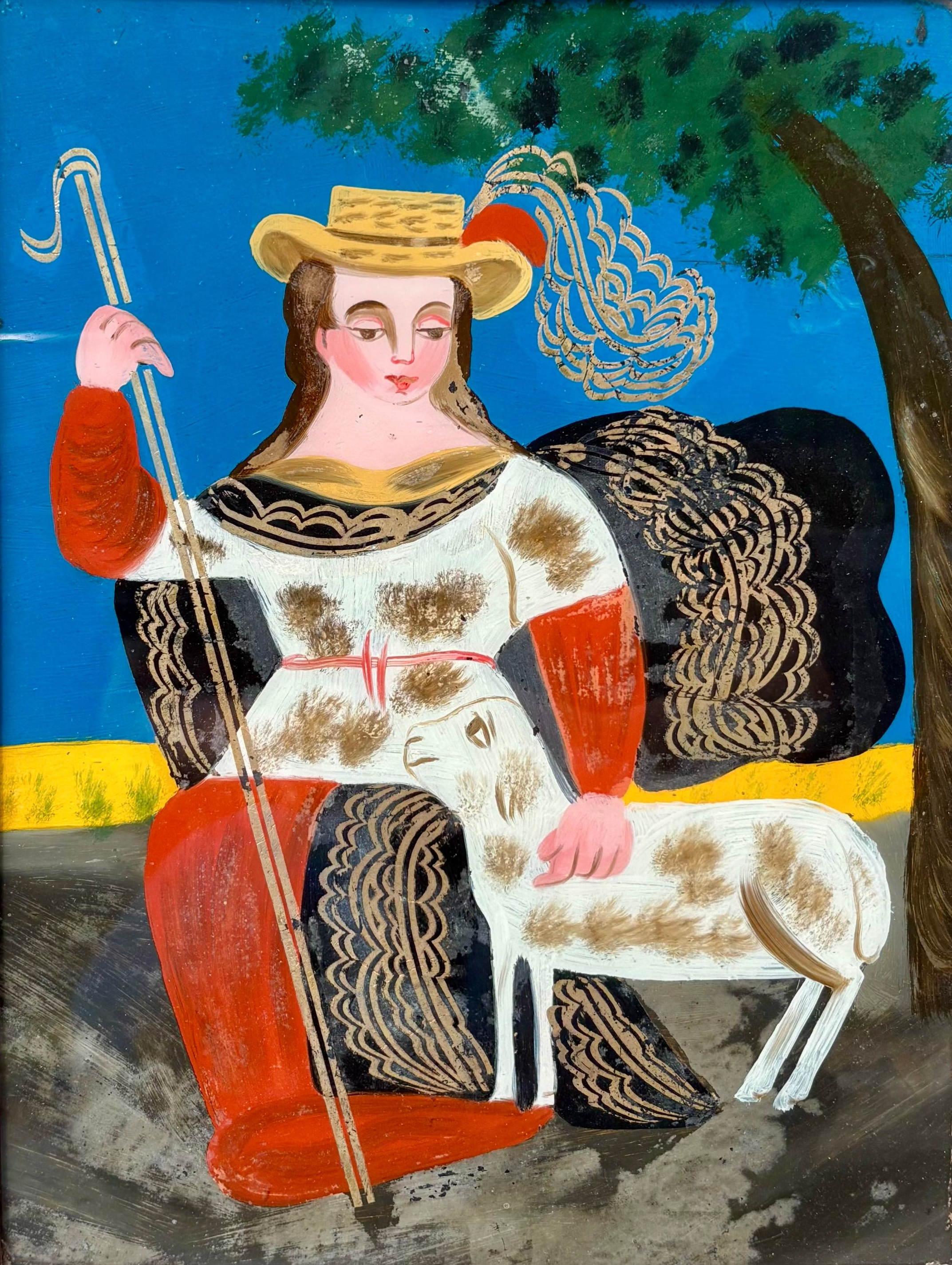 'Shepherdess' - 19th-Century Reverse Painting on Glass, Original Frame