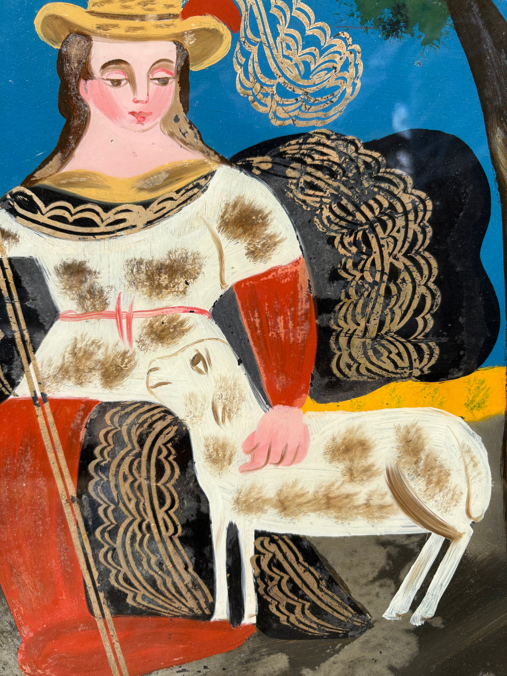 'Shepherdess' - 19th-Century Reverse Painting on Glass, Original Frame