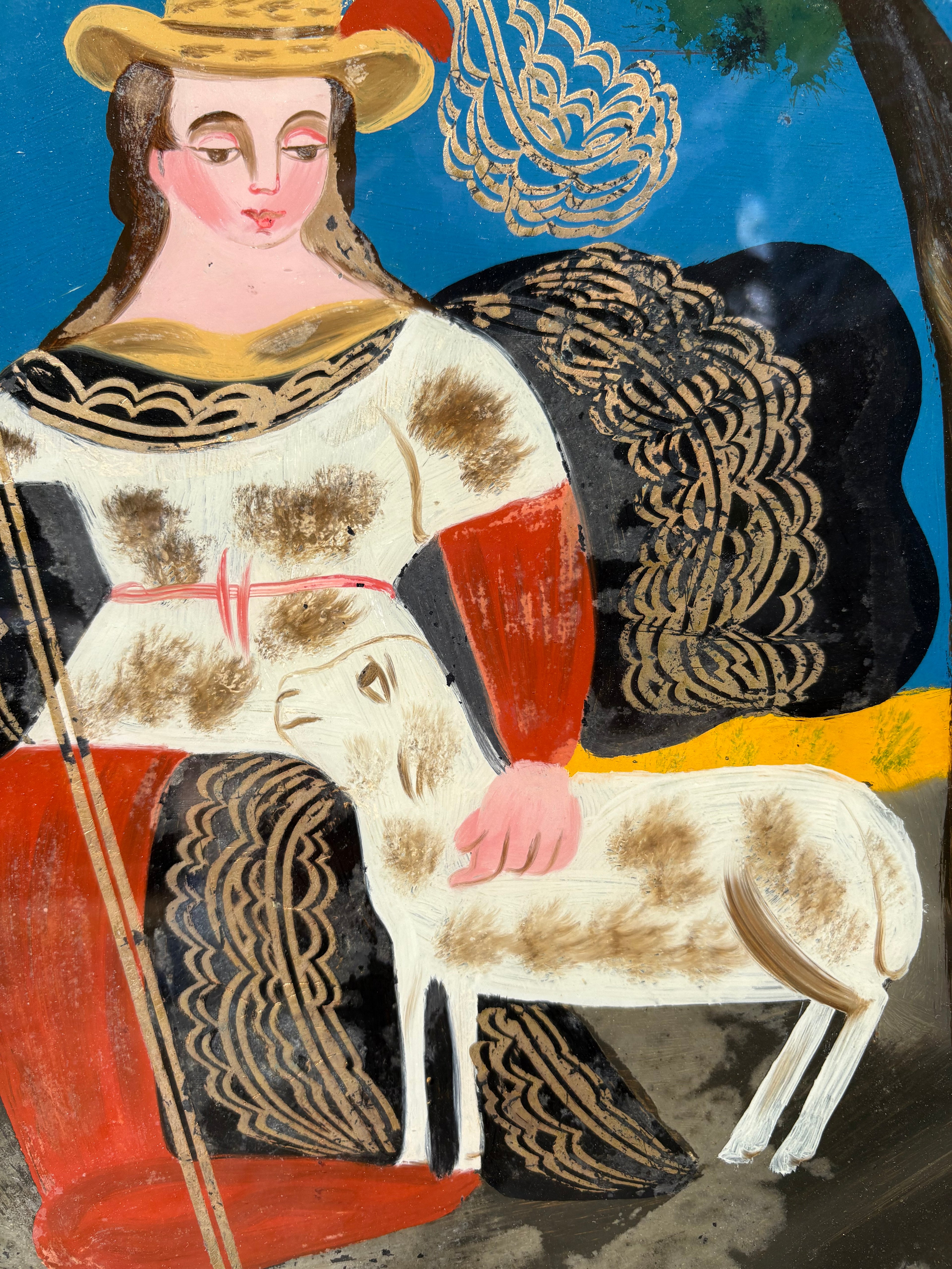 'Shepherdess' - 19th-Century Reverse Painting on Glass, Original Frame