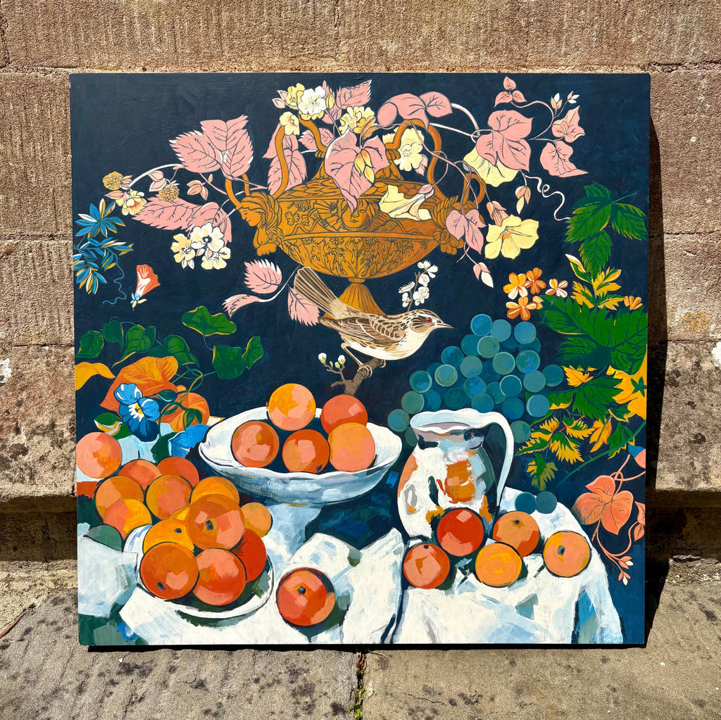 'Still Life with Grapes and Bird' - 20th-Century Painting, Framed