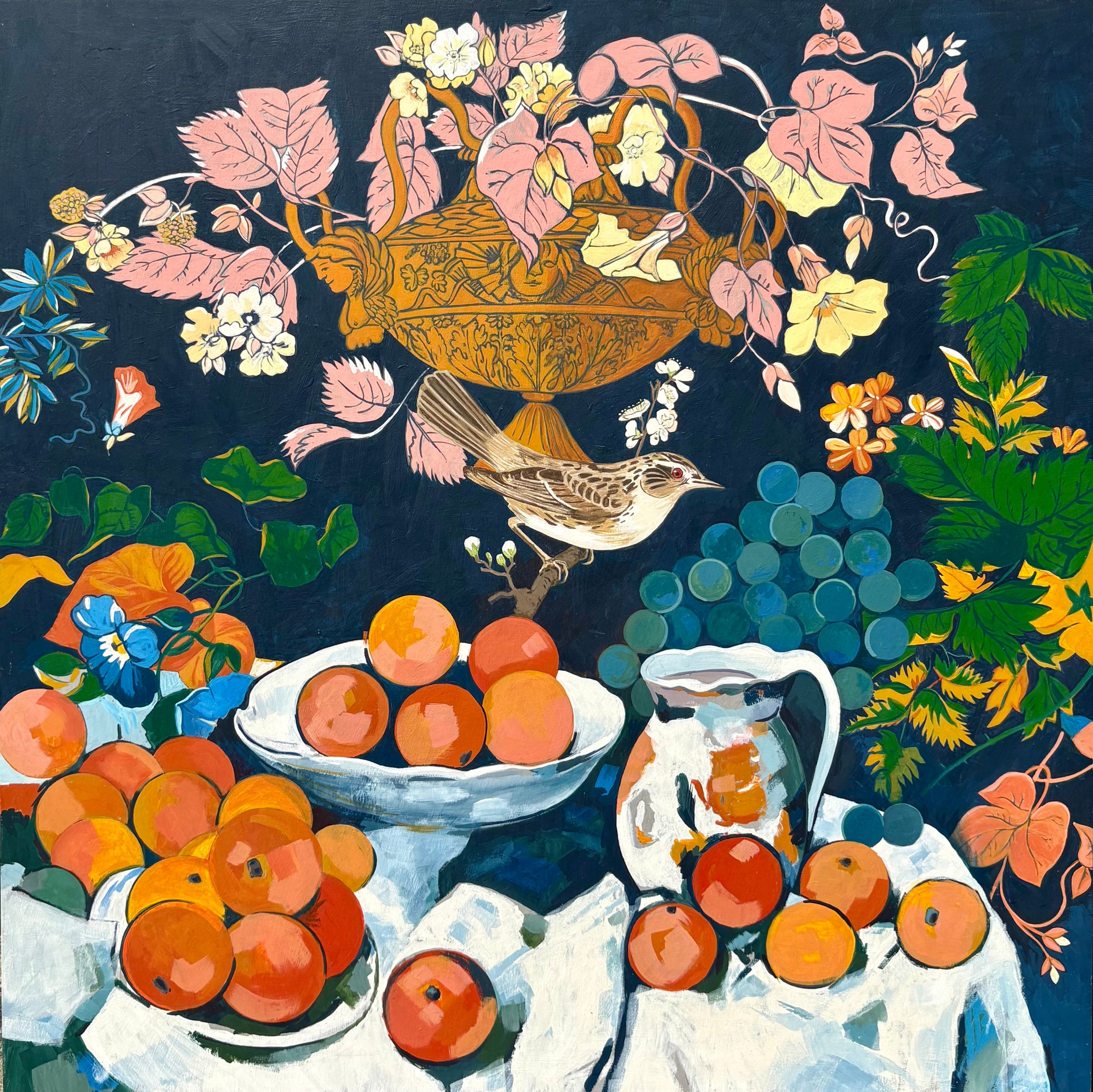 'Still Life with Grapes and Bird' - 20th-Century Painting, Framed