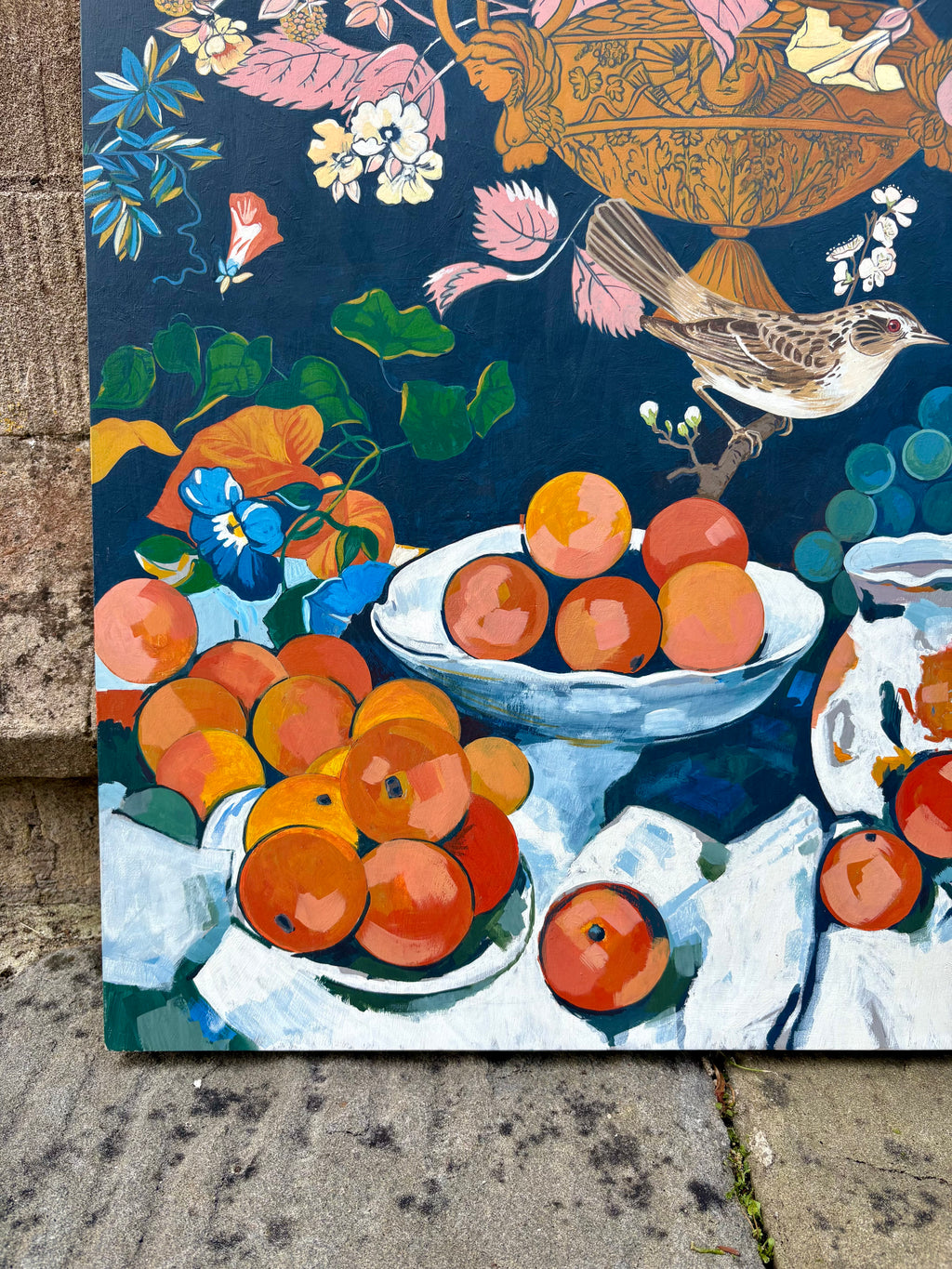 'Still Life with Grapes and Bird' - 20th-Century Painting, Framed