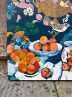 'Still Life with Grapes and Bird' - 20th-Century Painting, Framed