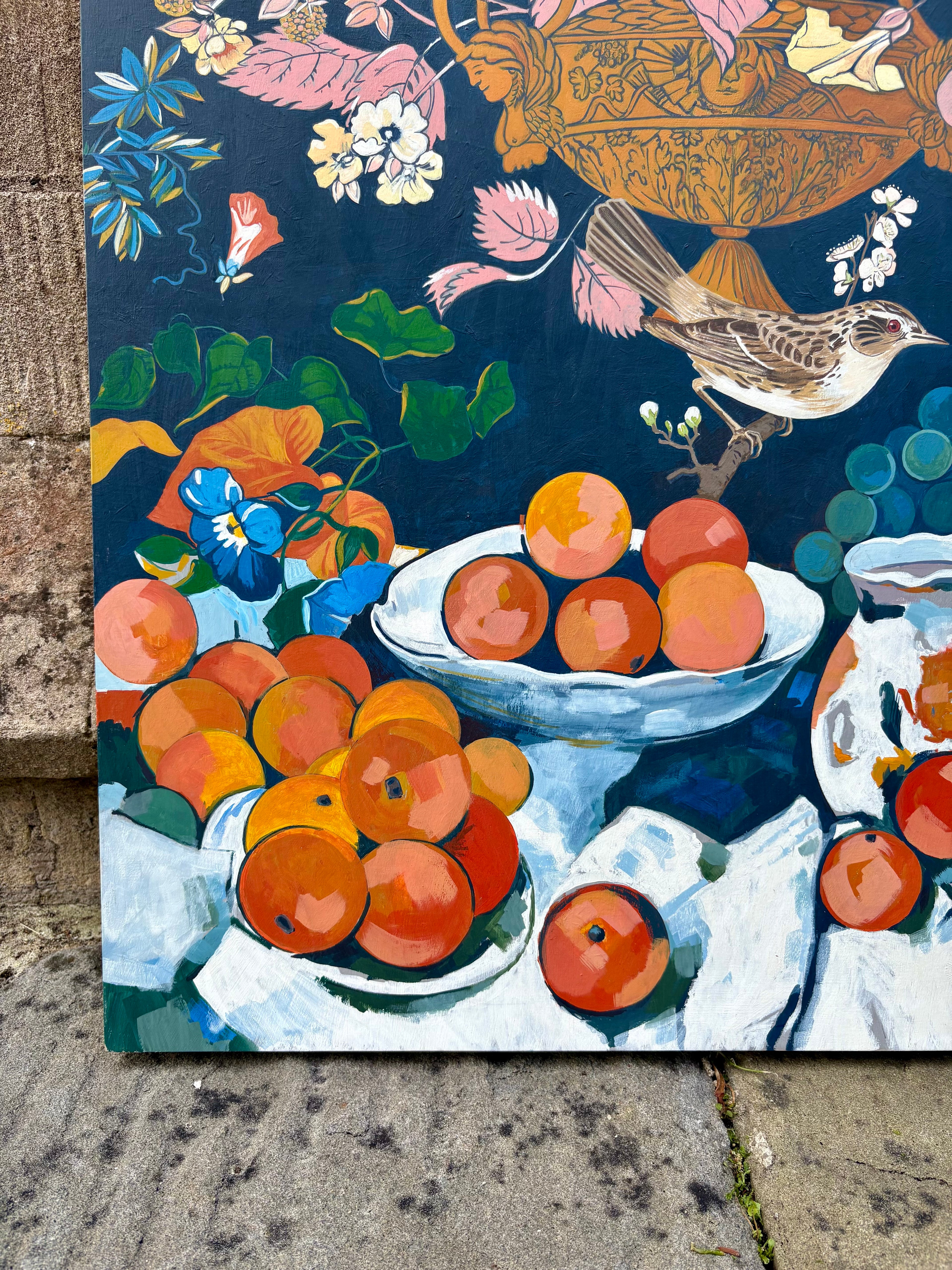 'Still Life with Grapes and Bird' - 20th-Century Painting, Framed