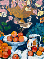 'Still Life with Grapes and Bird' - 20th-Century Painting, Framed