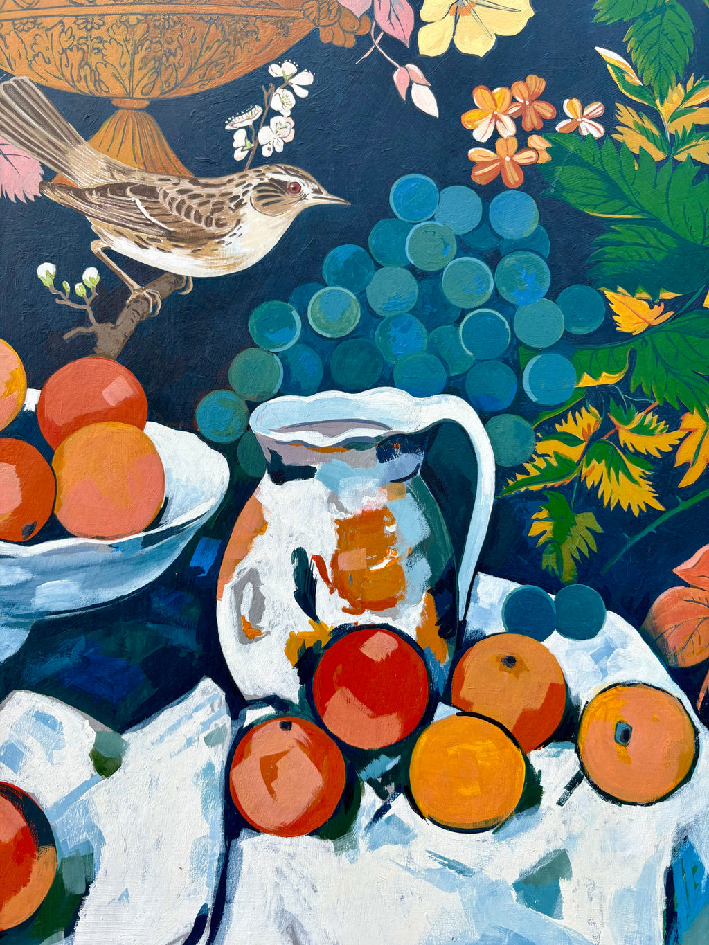 'Still Life with Grapes and Bird' - 20th-Century Painting, Framed