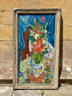 'Still Life with Candlesticks and Jug' - 1940's Oil Painting, Original Gesso Frame